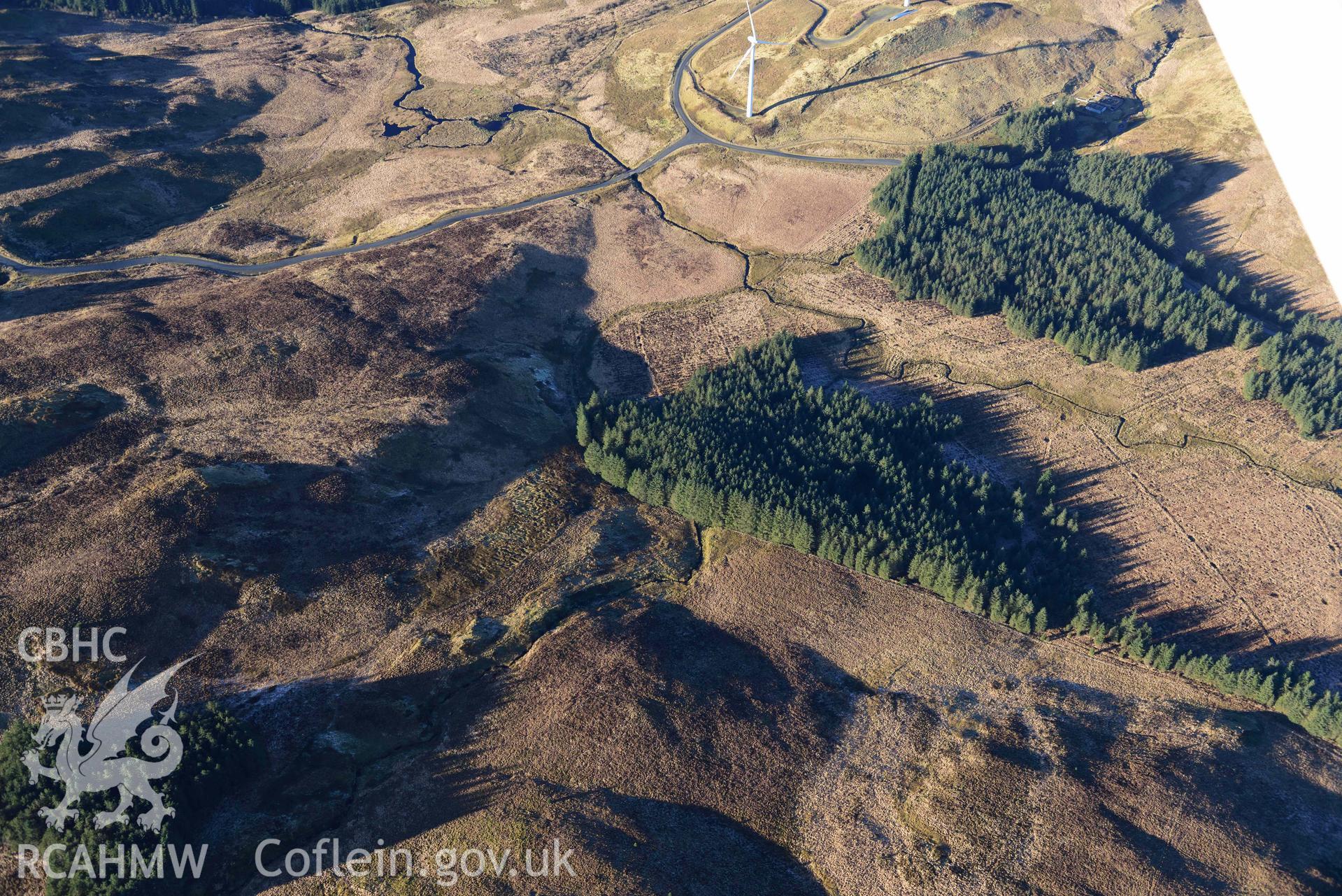 Oblique aerial photograph of Nant Yspryd deserted rural settlement taken during the Royal Commission’s programme of archaeological aerial reconnaissance by Toby Driver on 17th January 2022