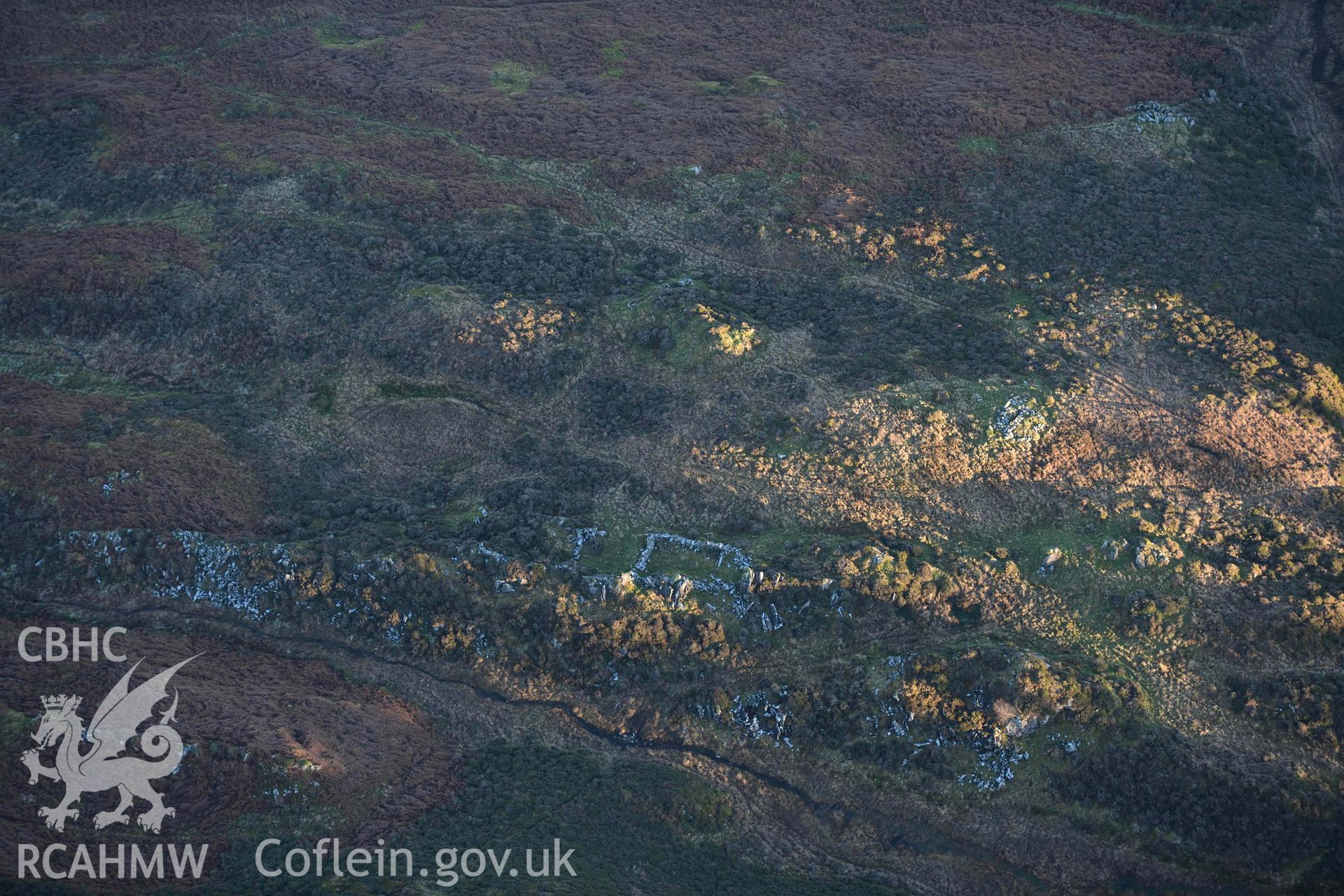 Oblique aerial photographic survey of Dolmelynllyn/Cefn Coch hafod or sheepfold conducted during the Royal Commission’s programme of archaeological aerial reconnaissance by Toby Driver on 17th January 2022