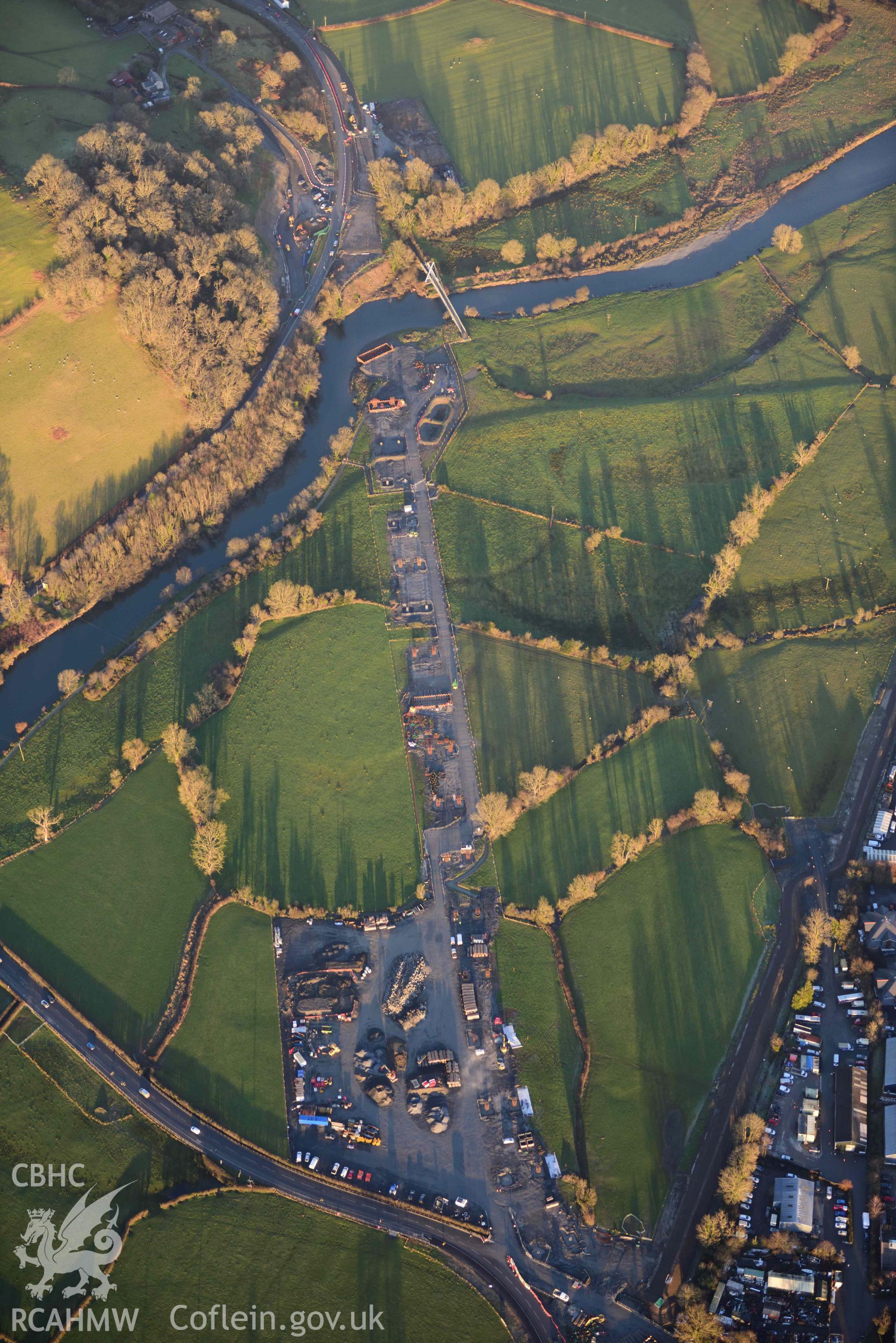 Oblique aerial photograph of A487 bridge taken during the Royal Commission’s programme of archaeological aerial reconnaissance by Toby Driver on 17th January 2022