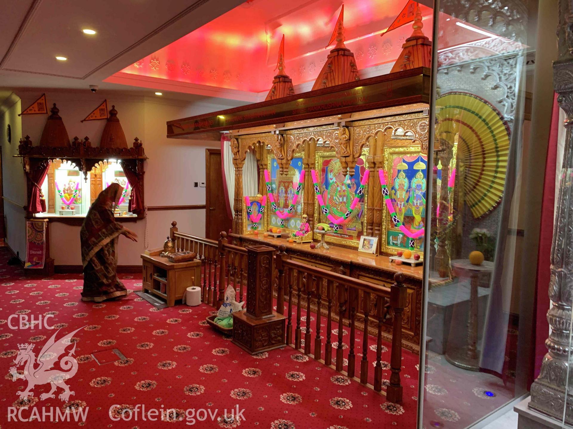 Photograph showing shrines in Shri Swaminaryan temple, Cardiff, taken in November 2021.