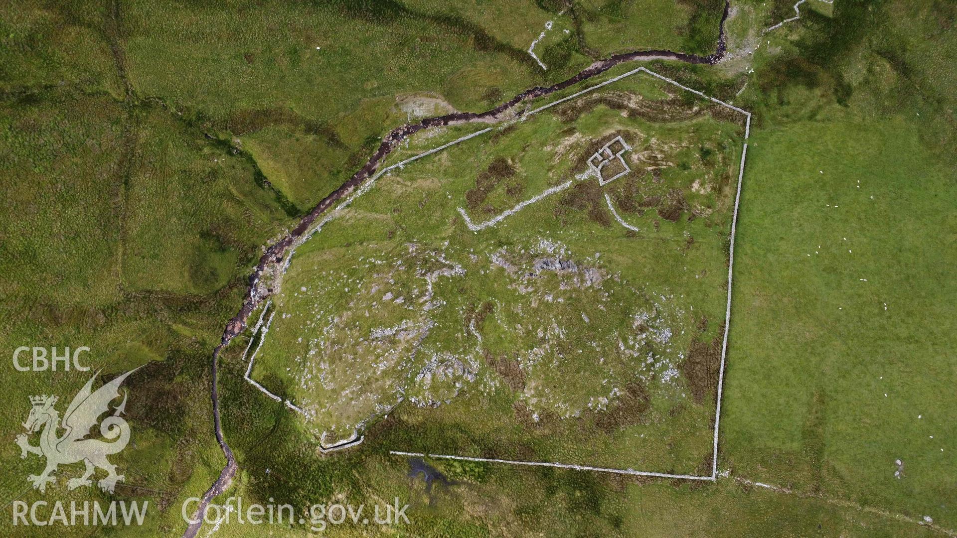 Digital aerial photograph showing Hafod-y-Gareg, Sheep Fold IV. Taken in July 2023 by John Rowlands.
