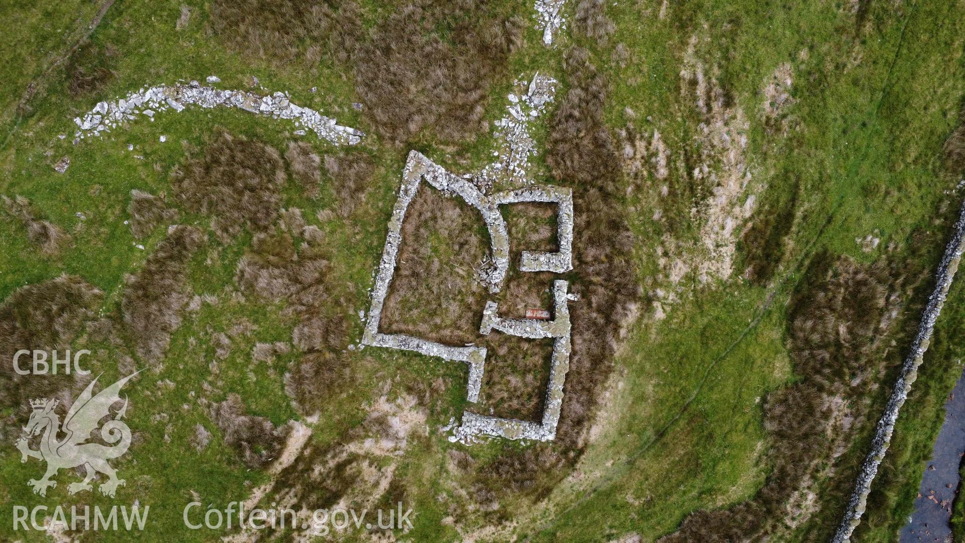 Digital aerial photograph showing Hafod-y-Gareg, Sheep Fold IV. Taken in July 2023 by John Rowlands.
