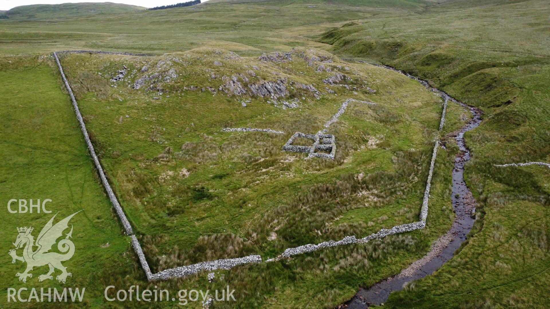 Digital aerial photograph showing Hafod-y-Gareg, Sheep Fold IV. Taken in July 2023 by John Rowlands.