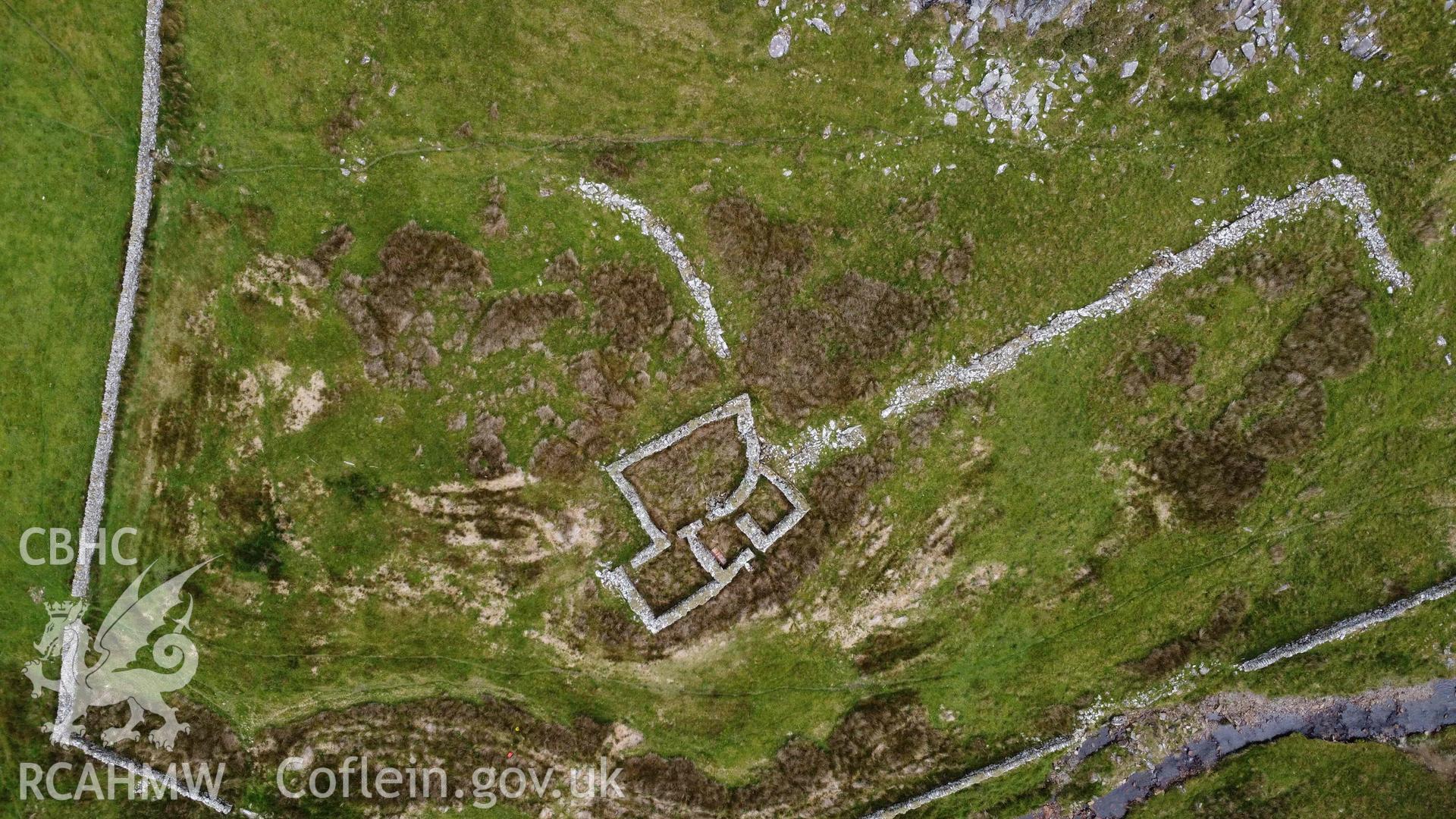 Digital aerial photograph showing Hafod-y-Gareg, Sheep Fold IV. Taken in July 2023 by John Rowlands.