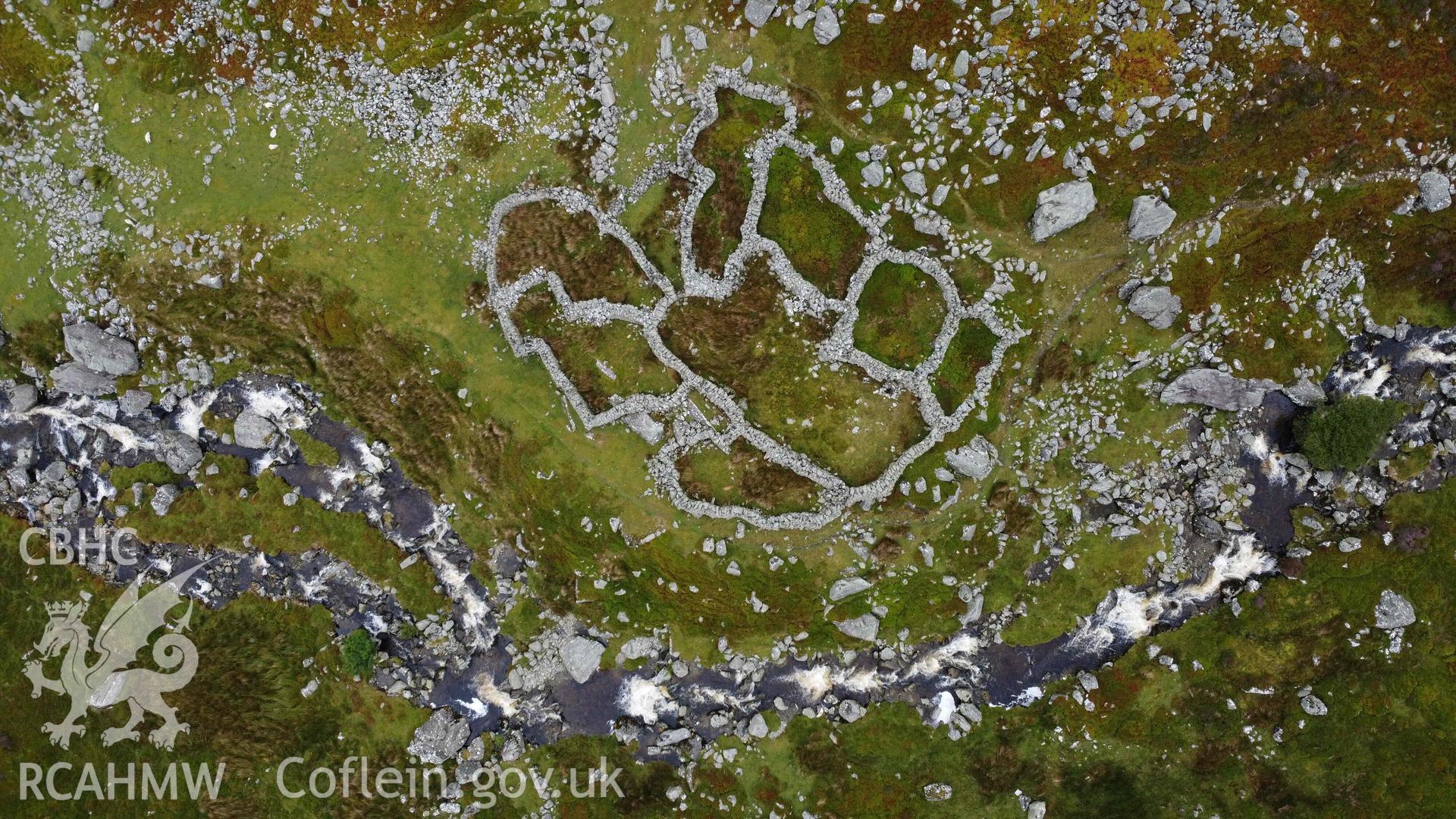 Digital aerial photograph showing multicellular sheep fold, Afon Goch. Taken in July 2023 by John Rowlands.