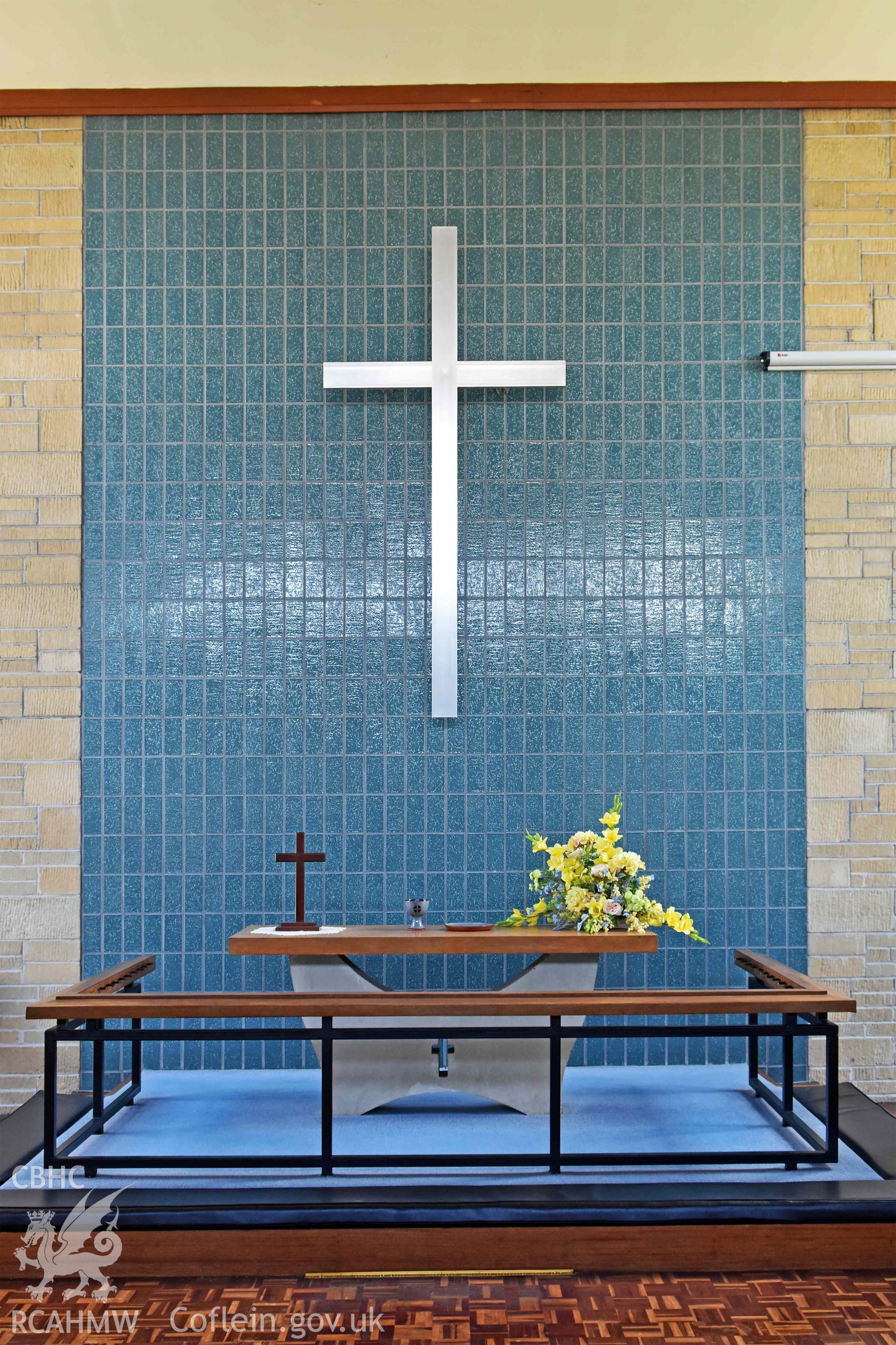 Raised dias with communion table and communion rail - part of a photographic survey of St David's Methodist Chapel, Barry, carried out in July 2021.