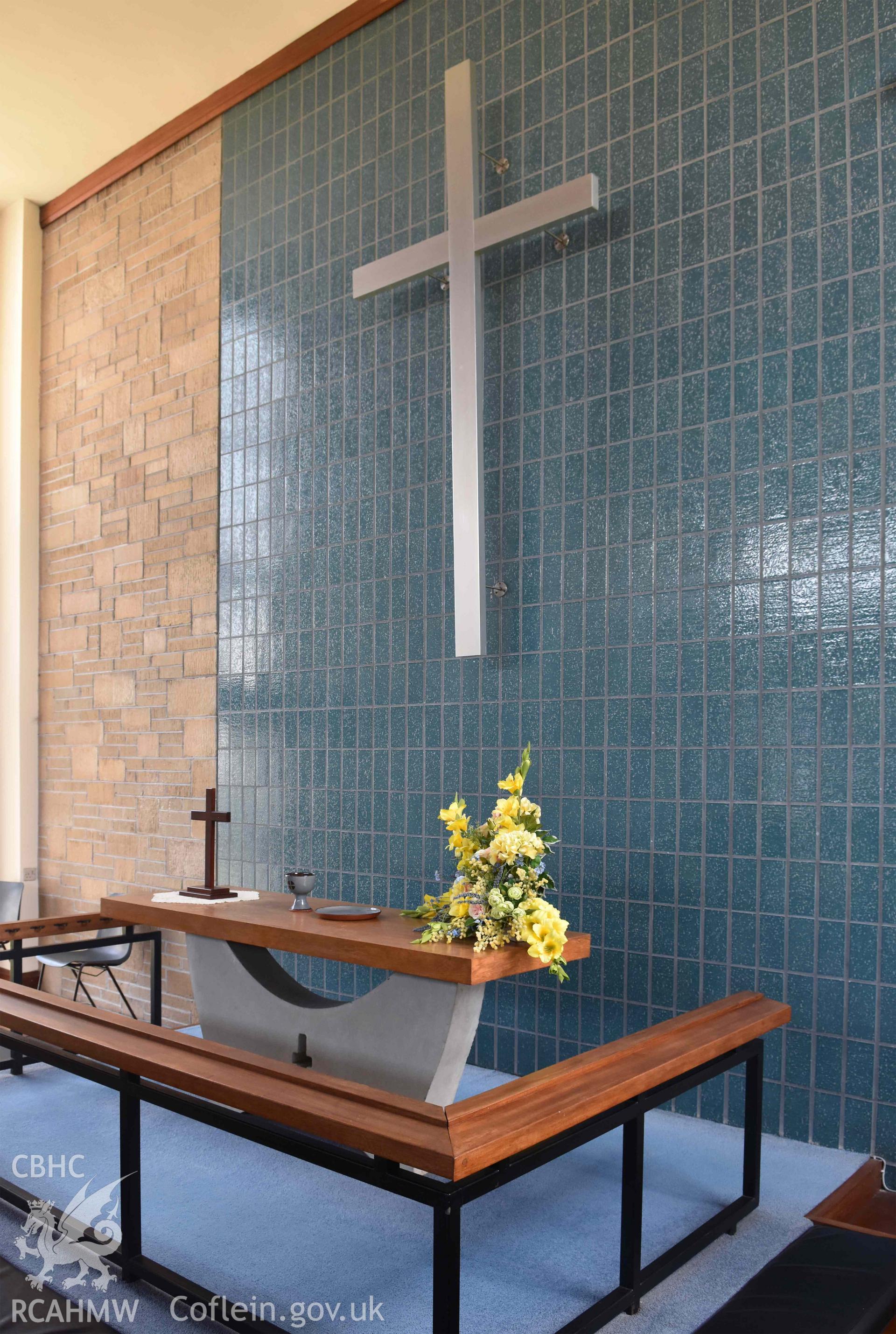 Raised dias with communion table and communion rail - part of a photographic survey of St David's Methodist Chapel, Barry, carried out in July 2021.