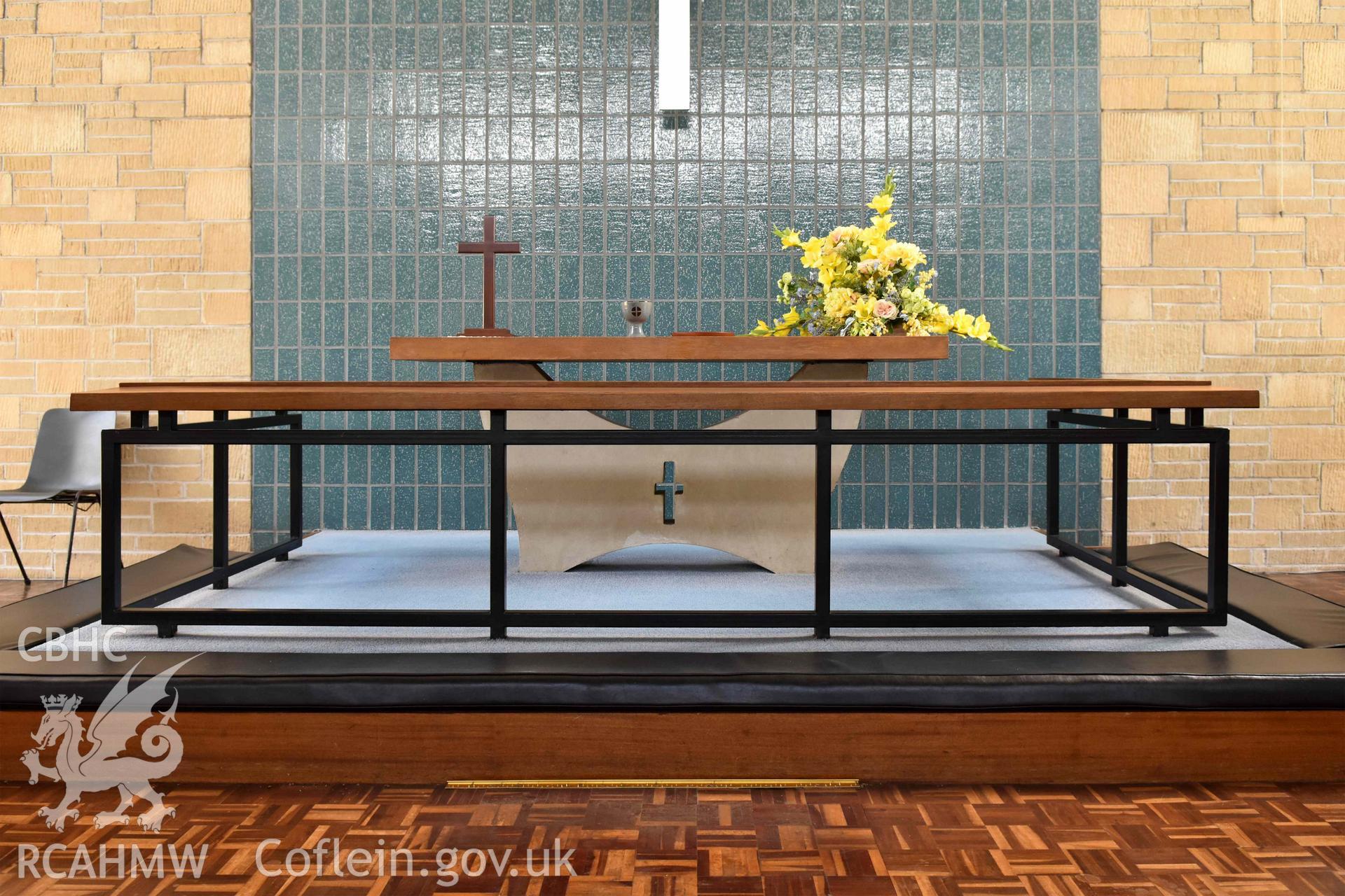 Detail of communion table and communion rail - part of a photographic survey of St David's Methodist Chapel, Barry, carried out in July 2021.