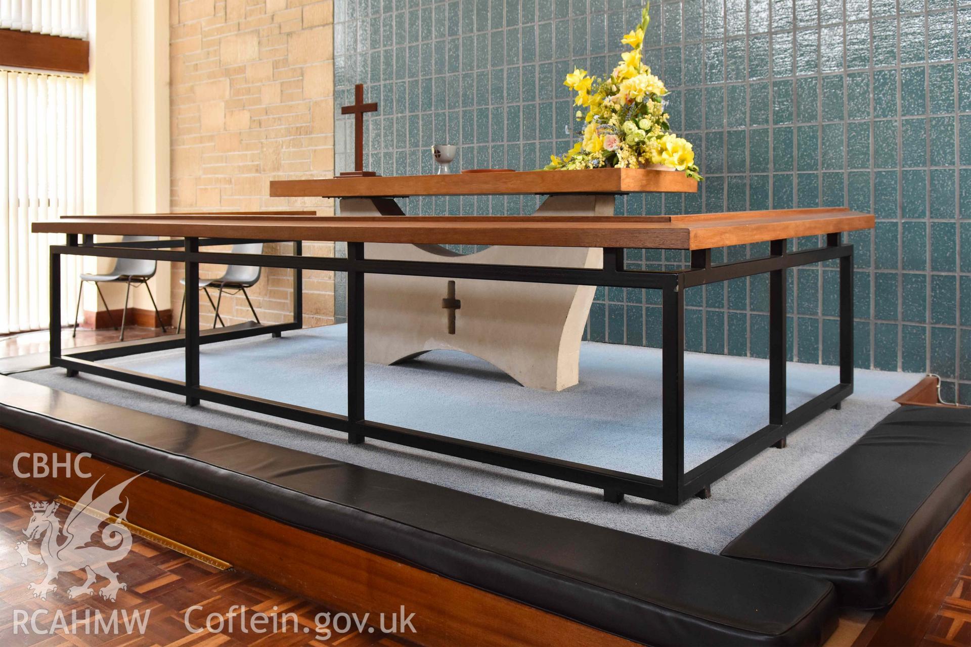 Detail of communion table and communion rail - part of a photographic survey of St David's Methodist Chapel, Barry, carried out in July 2021.