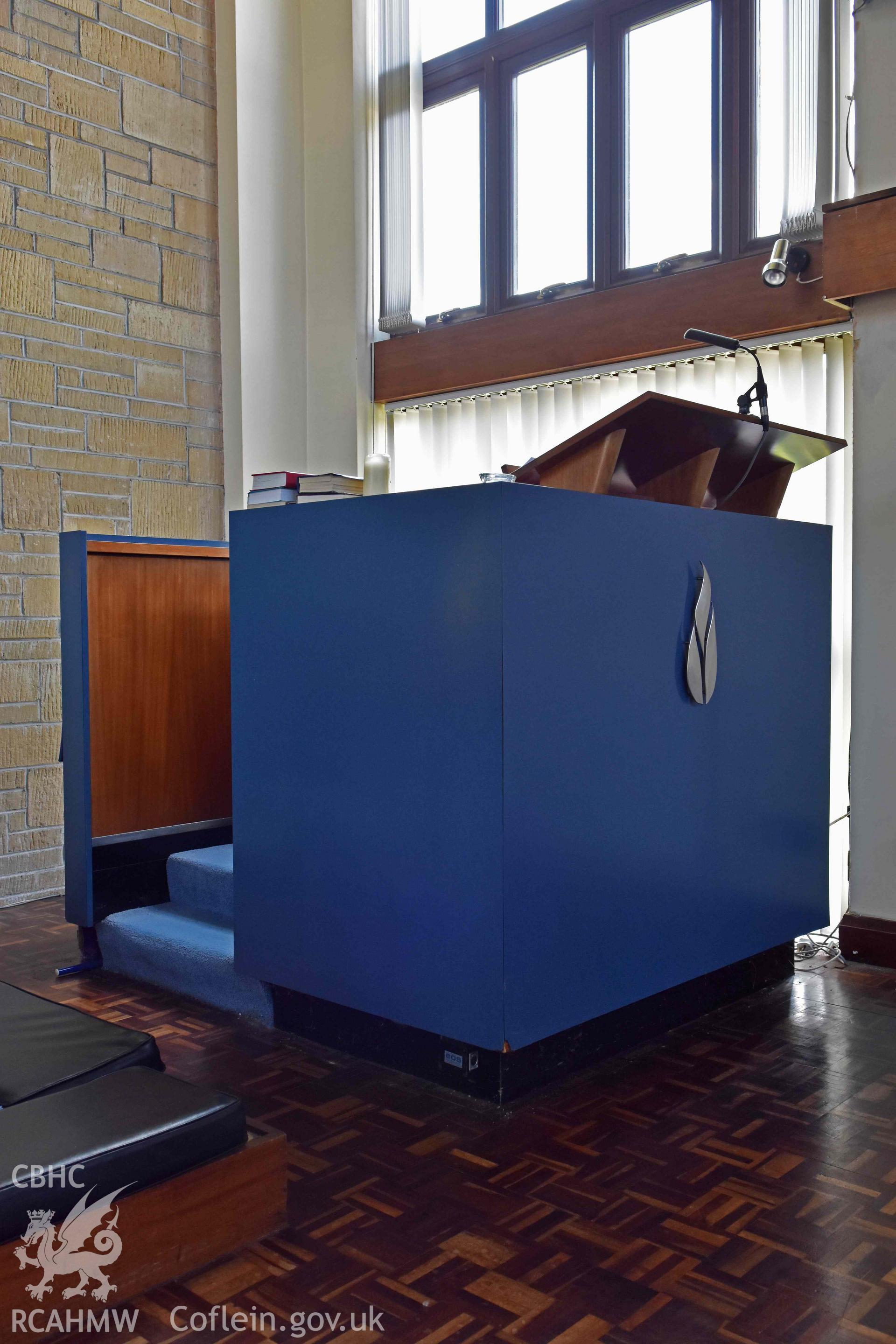 Pulpit in western corner of auditorium - part of a photographic survey of St David's Methodist Chapel, Barry, carried out in July 2021.