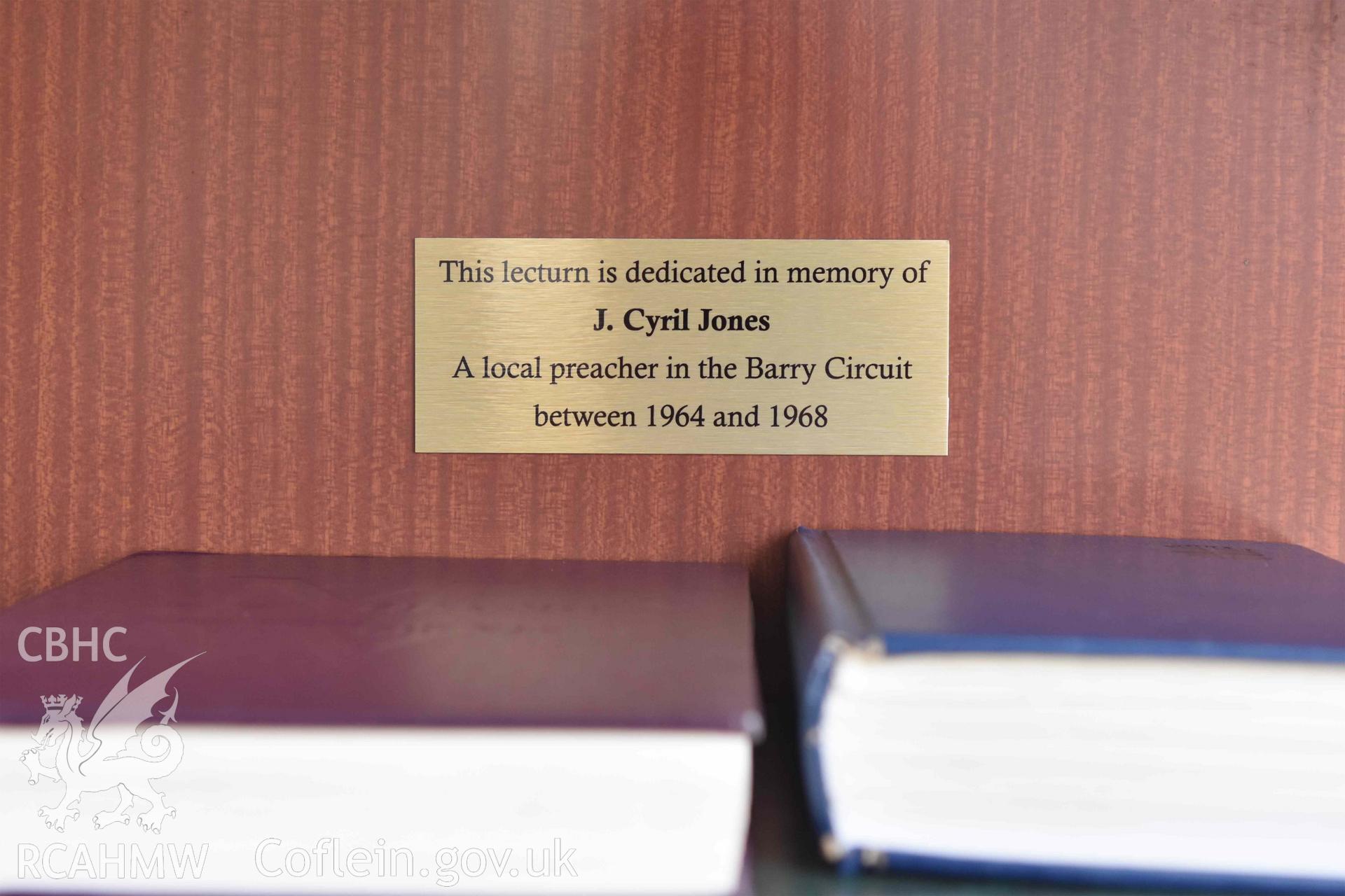 Dedication plaque on reading desk - part of a photographic survey of St David's Methodist Chapel, Barry, carried out in July 2021.