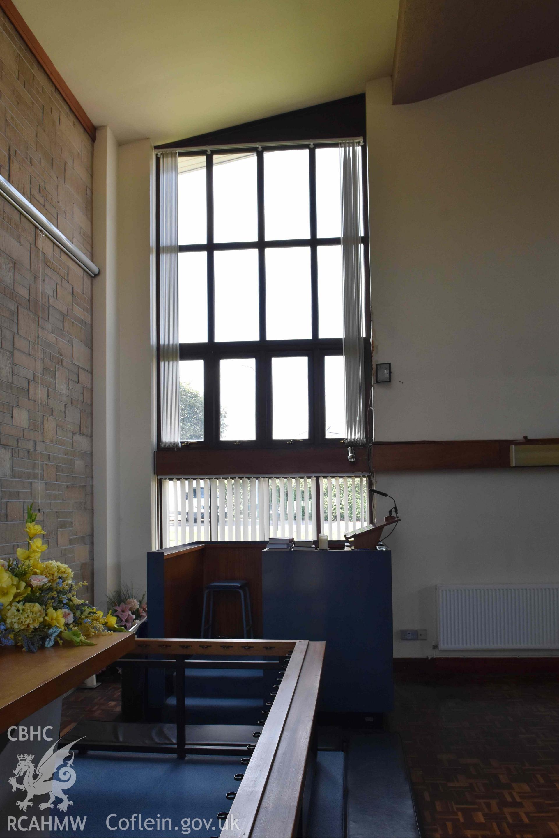 Window in western corner of the main auditorium - part of a photographic survey of St David's Methodist Chapel, Barry, carried out in July 2021.