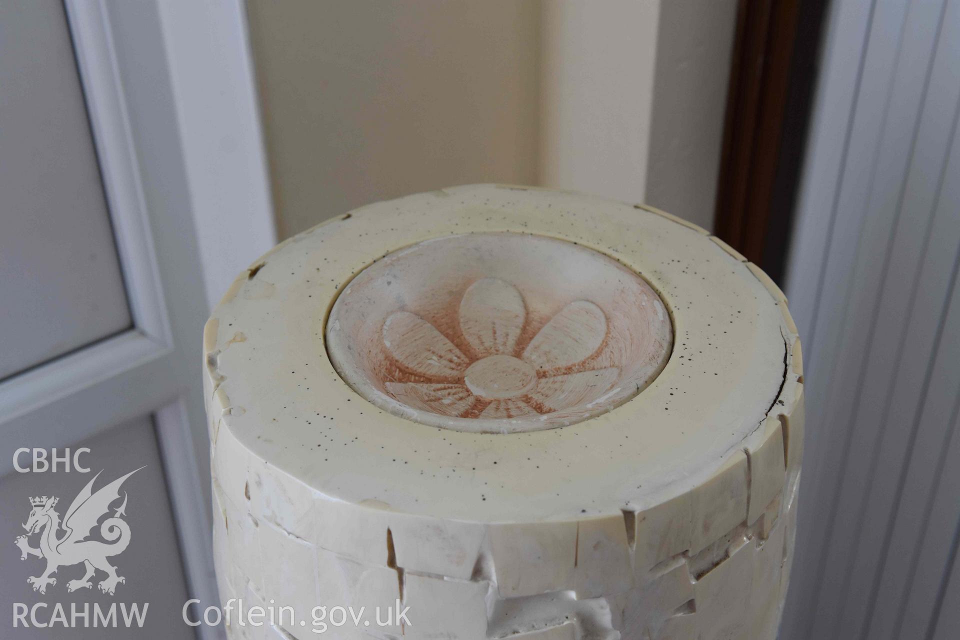 Detail of font top - part of a photographic survey of St David's Methodist Chapel, Barry, carried out in July 2021.