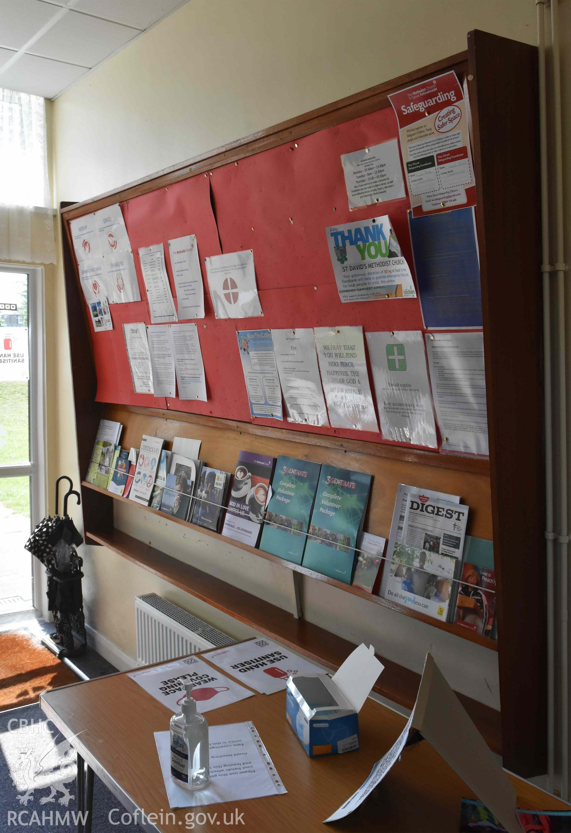 Display in foyer - part of a photographic survey of St David's Methodist Chapel, Barry, carried out in July 2021.