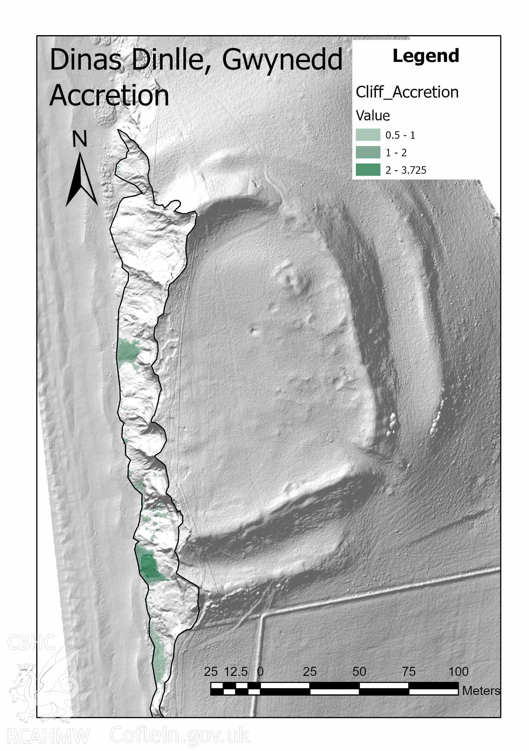 Dinas Dinlle Hillfort. Image showing accretion difference between June 2018 and March 2021. Produced as part of report by TechWorks Marine for Cherish, 2018-2023.
© Crown: CHERISH PROJECT 2019. Produced with EU funds through the Ireland Wales Co-operation Programme 2014-2020. All material made freely available through the Open Government Licence.