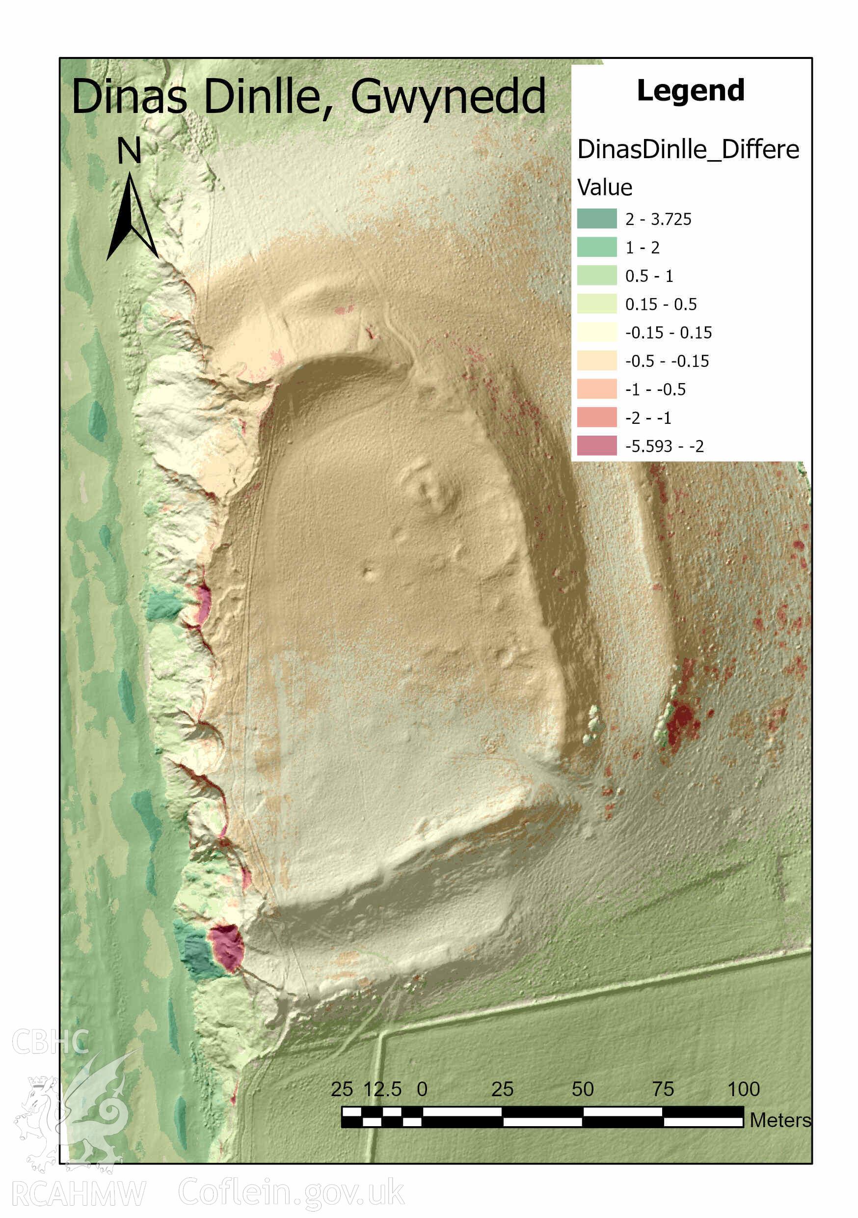 Dinas Dinlle Hillfort Image showing DEM of difference between June 2018 and March 2021. Produced as part of report by TechWorks Marine for Cherish, 2018-2023.
© Crown: CHERISH PROJECT 2019. Produced with EU funds through the Ireland Wales Co-operation Programme 2014-2020. All material made freely available through the Open Government Licence.