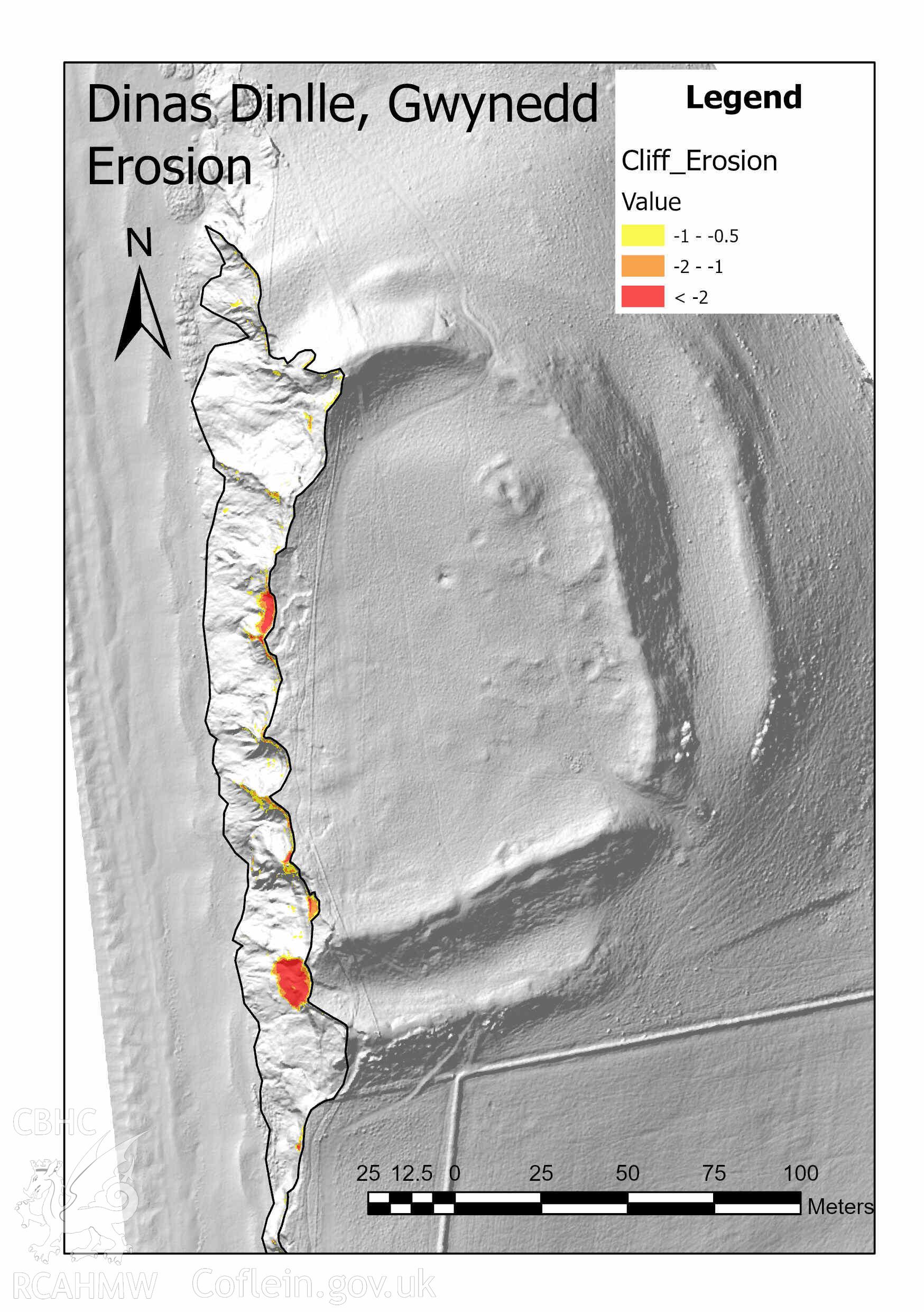 Dinas Dinlle Hillfort. Image showing erosion difference between June 2018 and March 2021. Produced as part of report by TechWorks Marine for Cherish, 2018-2023.
© Crown: CHERISH PROJECT 2019. Produced with EU funds through the Ireland Wales Co-operation Programme 2014-2020. All material made freely available through the Open Government Licence.