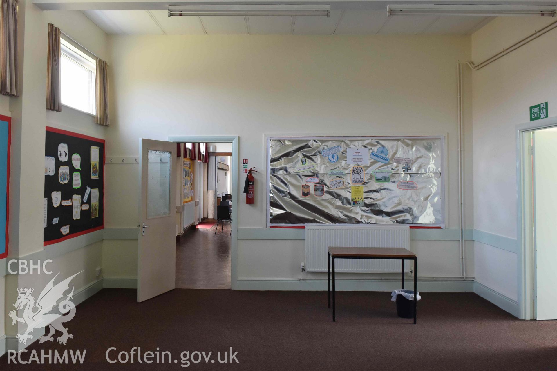 Small hall/ school room extension looking south-west - part of a photographic survey of St David's Methodist Chapel, Barry, carried out in July 2021.