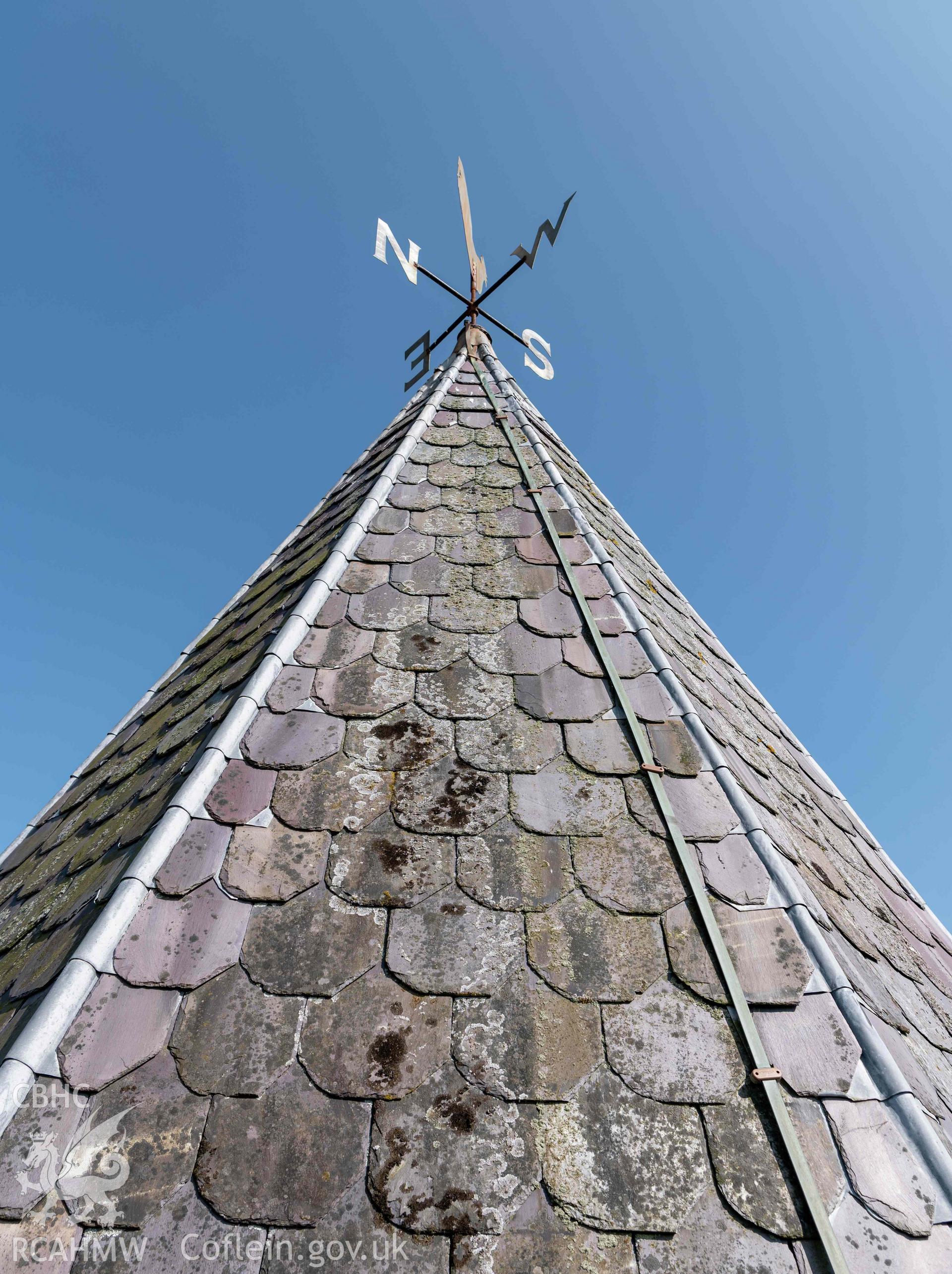 St Michael's Church, Llanfihangel y Creuddyn. Steeple, exterior view from tower roof.
