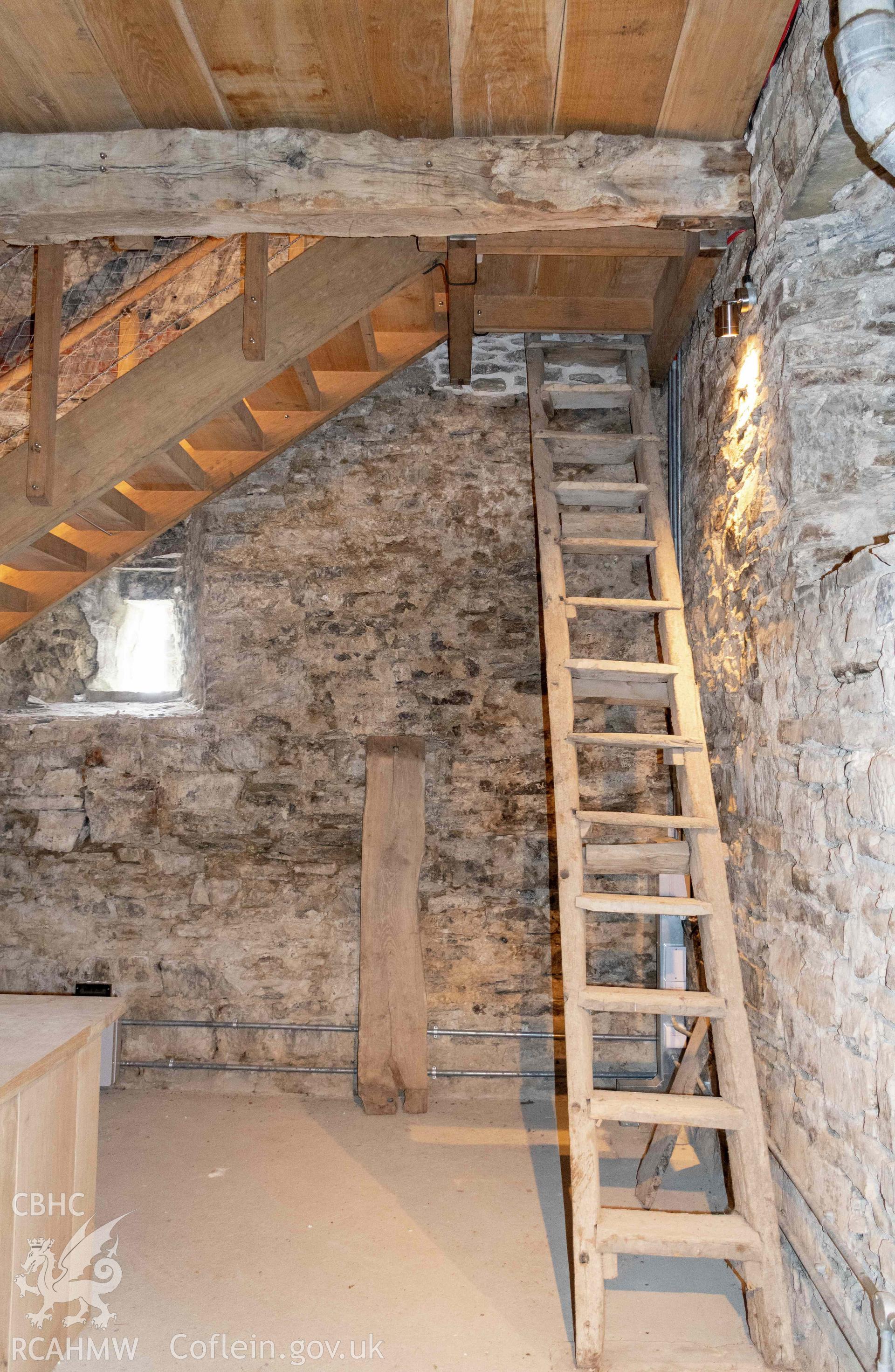 St Michael's Church, Llanfihangel y Creuddyn. Old tower access ladder, 1st floor.