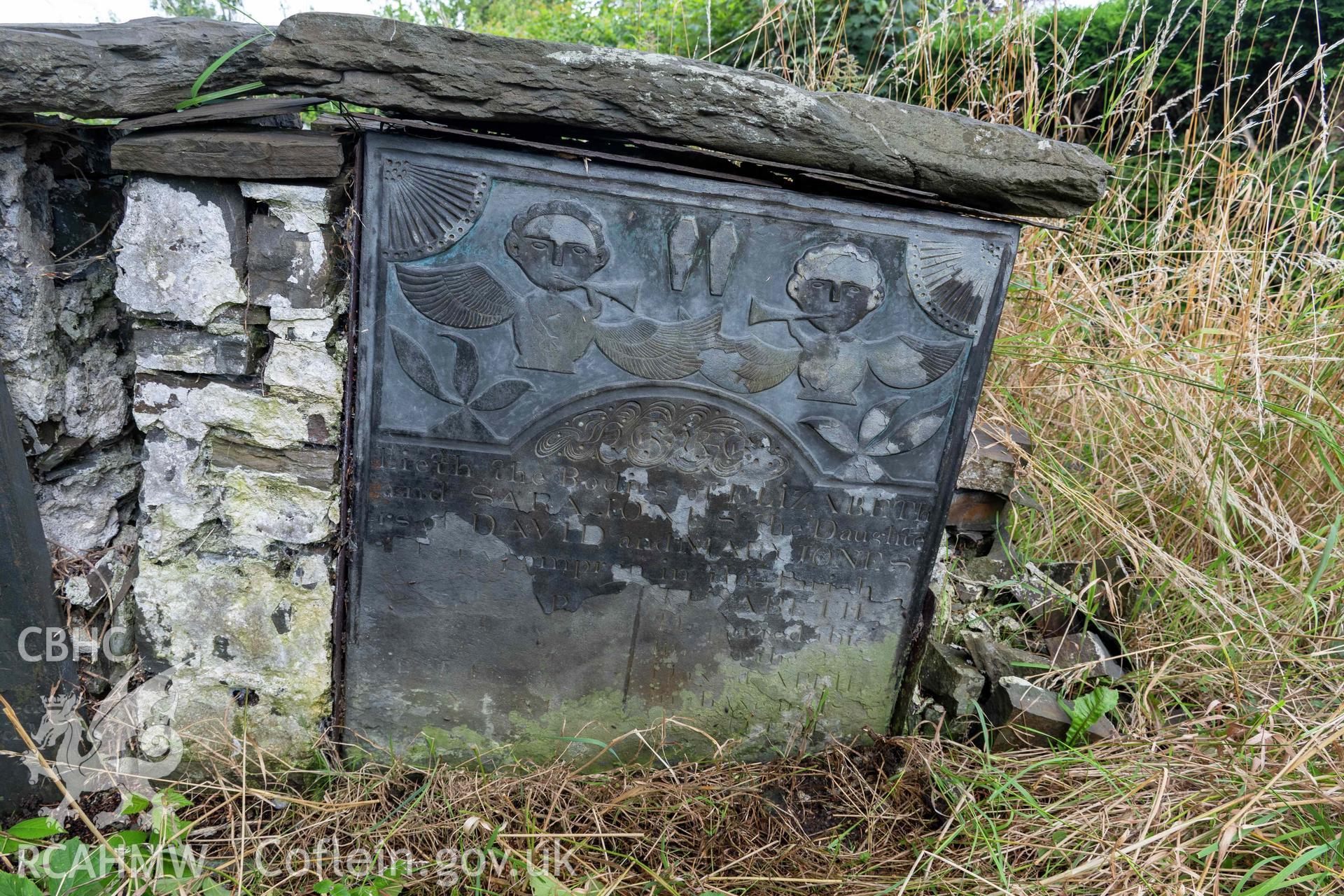 St Michael's Church, Llanfihangel y Creuddyn. Painted gravestone to Elizabeth and Sara Jones. Elizabeth died 20 April 1835 aged 19 and Sara 9 May 1835 aged 17.