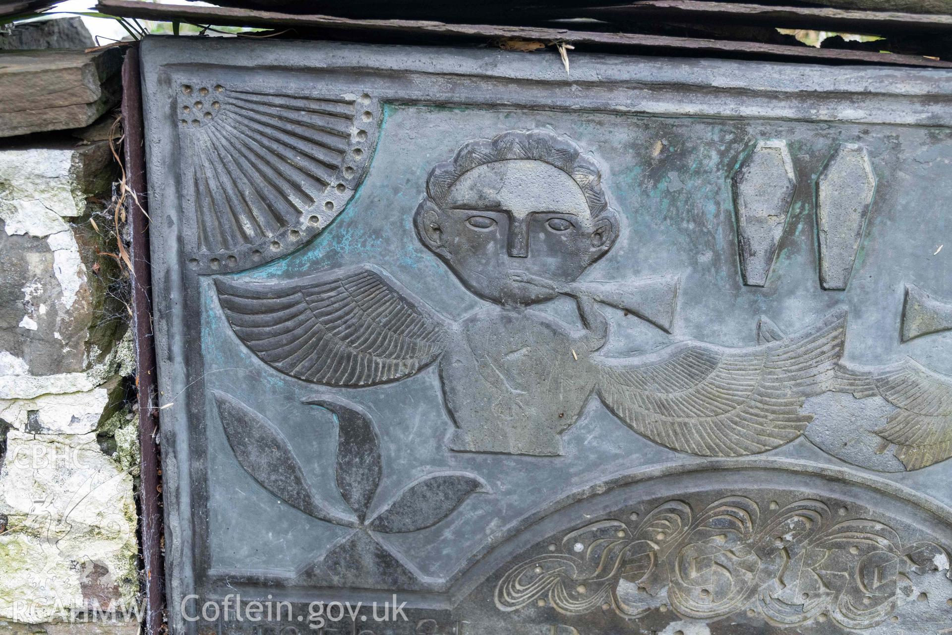 St Michael's Church, Llanfihangel y Creuddyn. Detail of painted gravestone to Elizabeth and Sara Jones. Elizabeth died 20 April 1835 aged 19 and Sara 9 May 1835 aged 17.