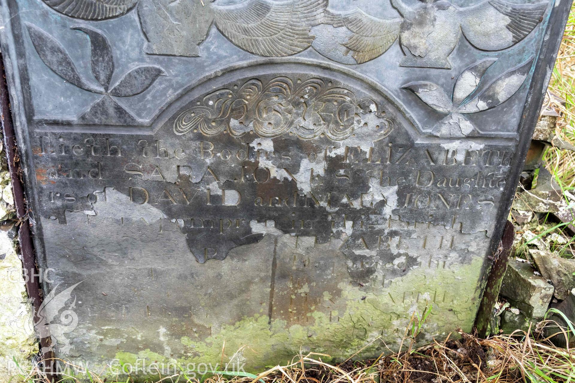 St Michael's Church, Llanfihangel y Creuddyn. Detail of painted gravestone to Elizabeth and Sara Jones. Elizabeth died 20 April 1835 aged 19 and Sara 9 May 1835 aged 17.