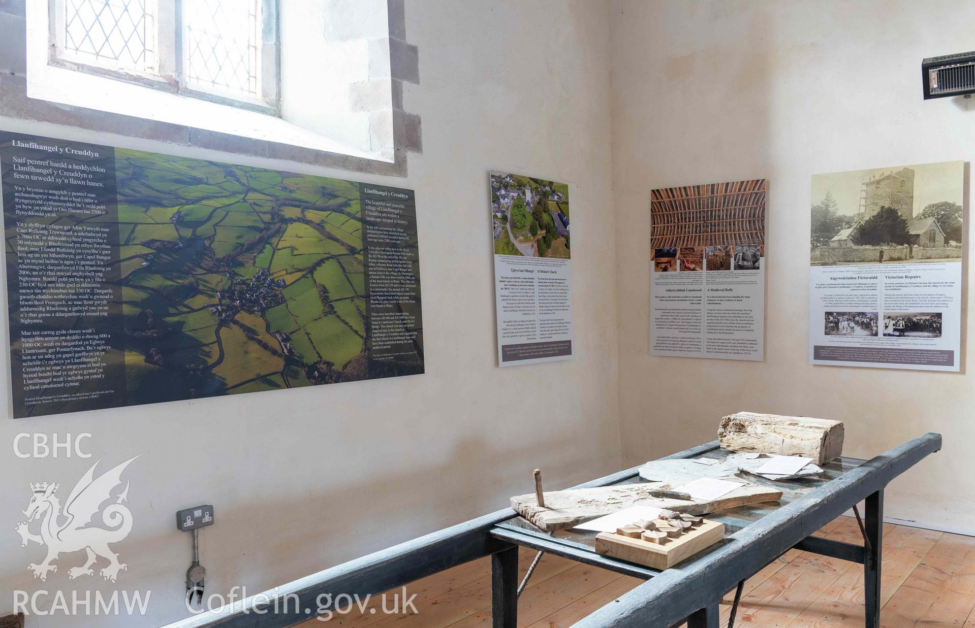 St Michael's Church, Llanfihangel y Creuddyn. Interior view. History area (created 2023) in south transept.