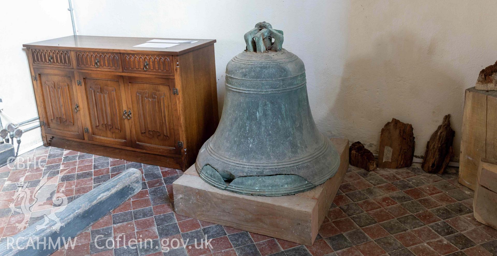 St Michael's Church, Llanfihangel y Creuddyn. Interior view. Church bell on display in south transept.