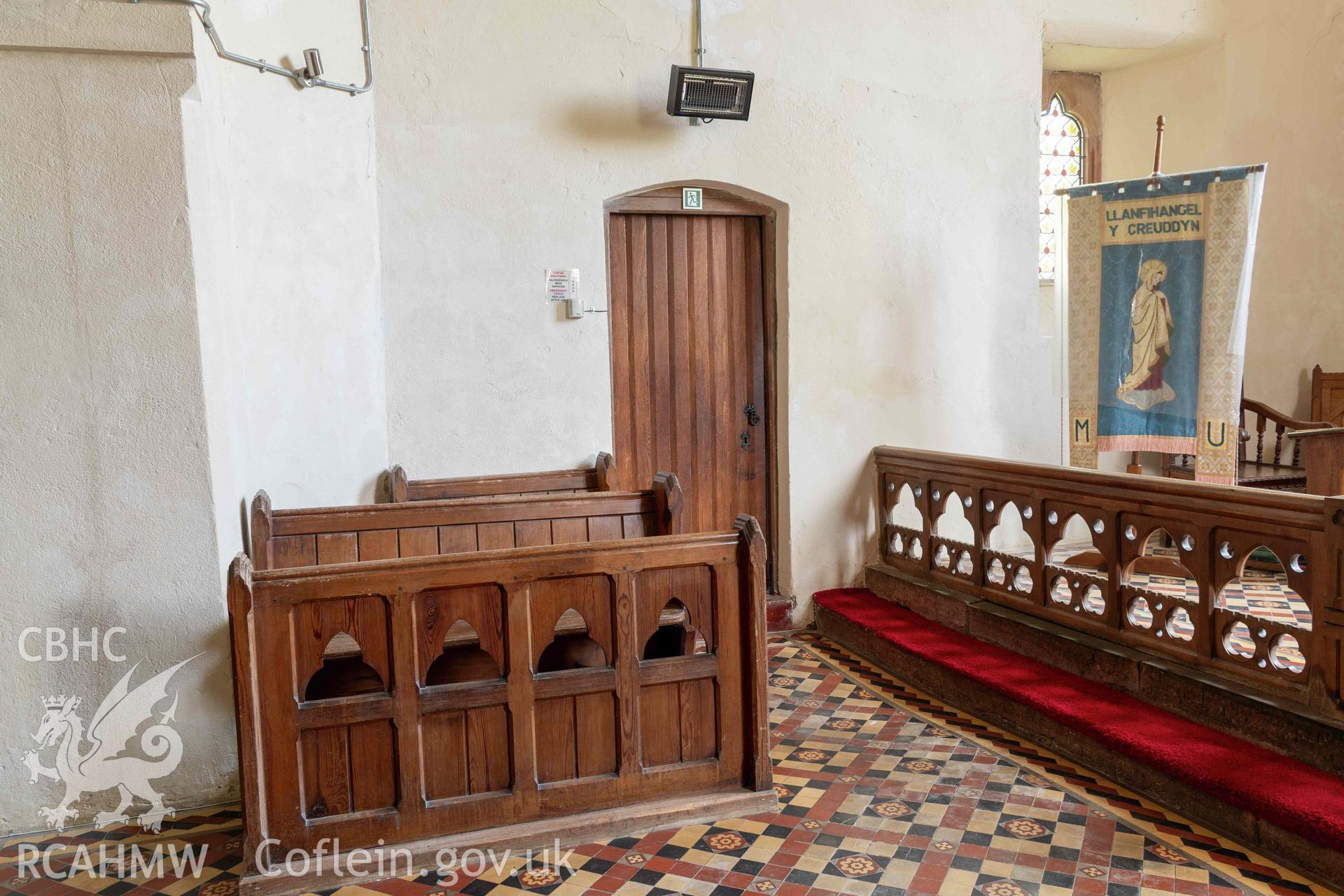 St Michael's Church, Llanfihangel y Creuddyn. Interior view. Access to vestry from chancel.