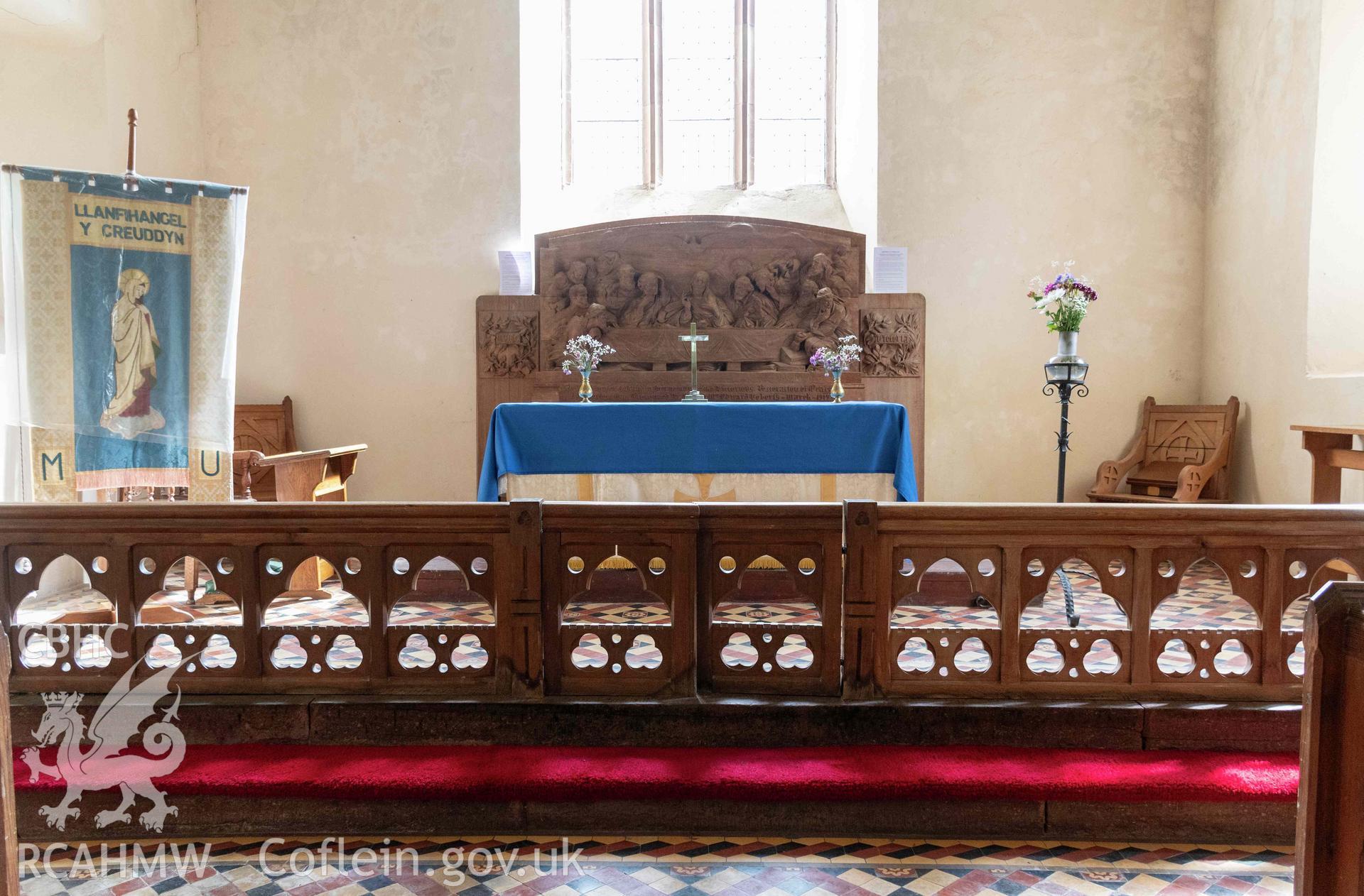 St Michael's Church, Llanfihangel y Creuddyn. Interior view. Altar and reredos.