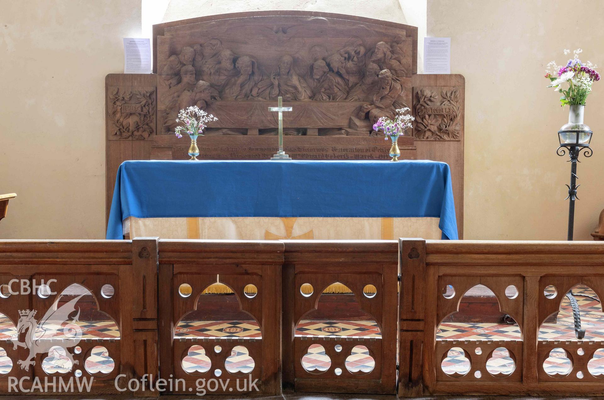 St Michael's Church, Llanfihangel y Creuddyn. Interior view. Altar and reredos.