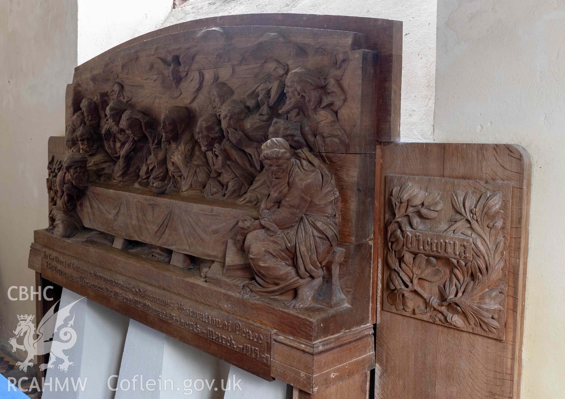 St Michael's Church, Llanfihangel y Creuddyn. Interior view. Carved oak reredos.