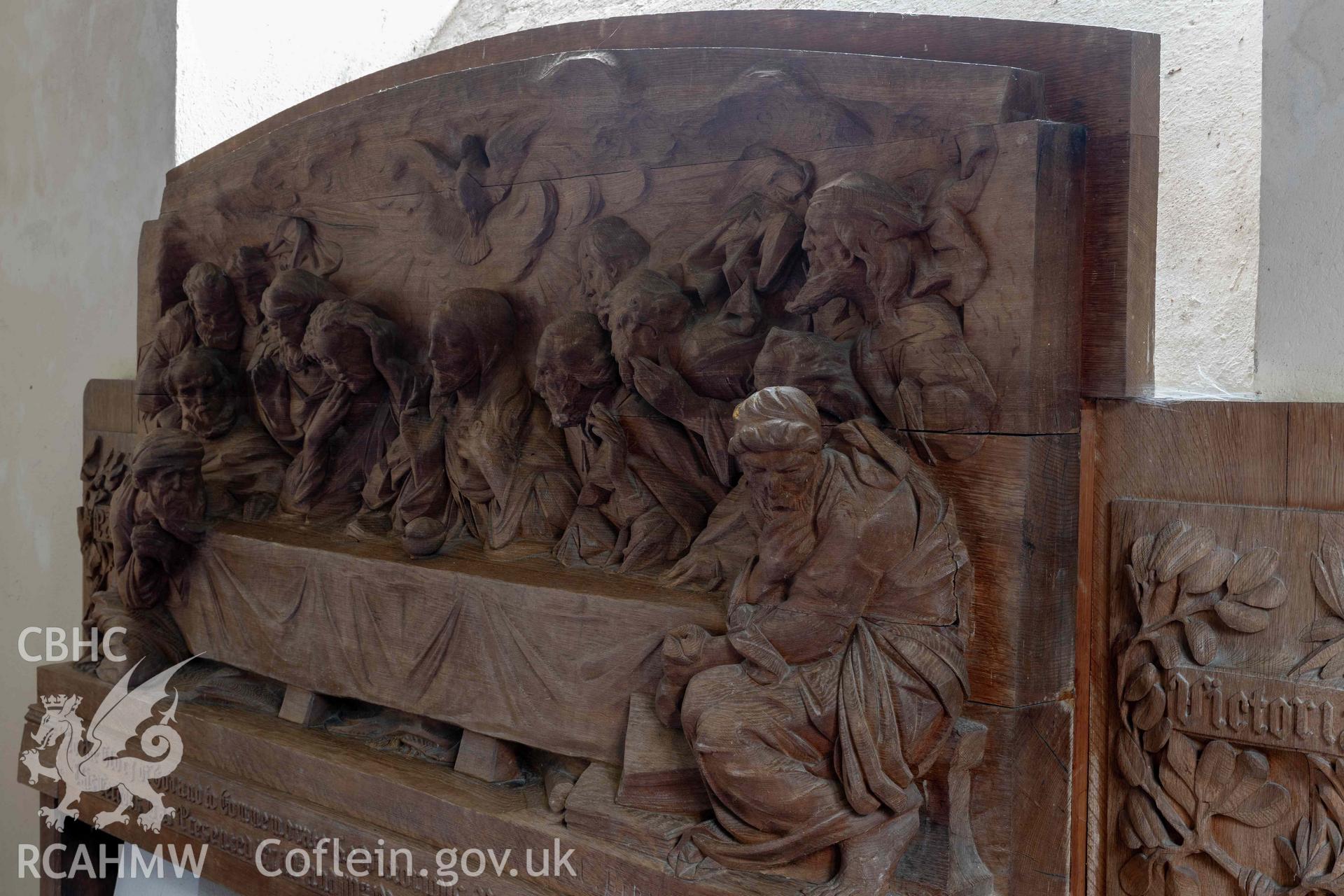 St Michael's Church, Llanfihangel y Creuddyn. Interior view. Carved oak reredos.