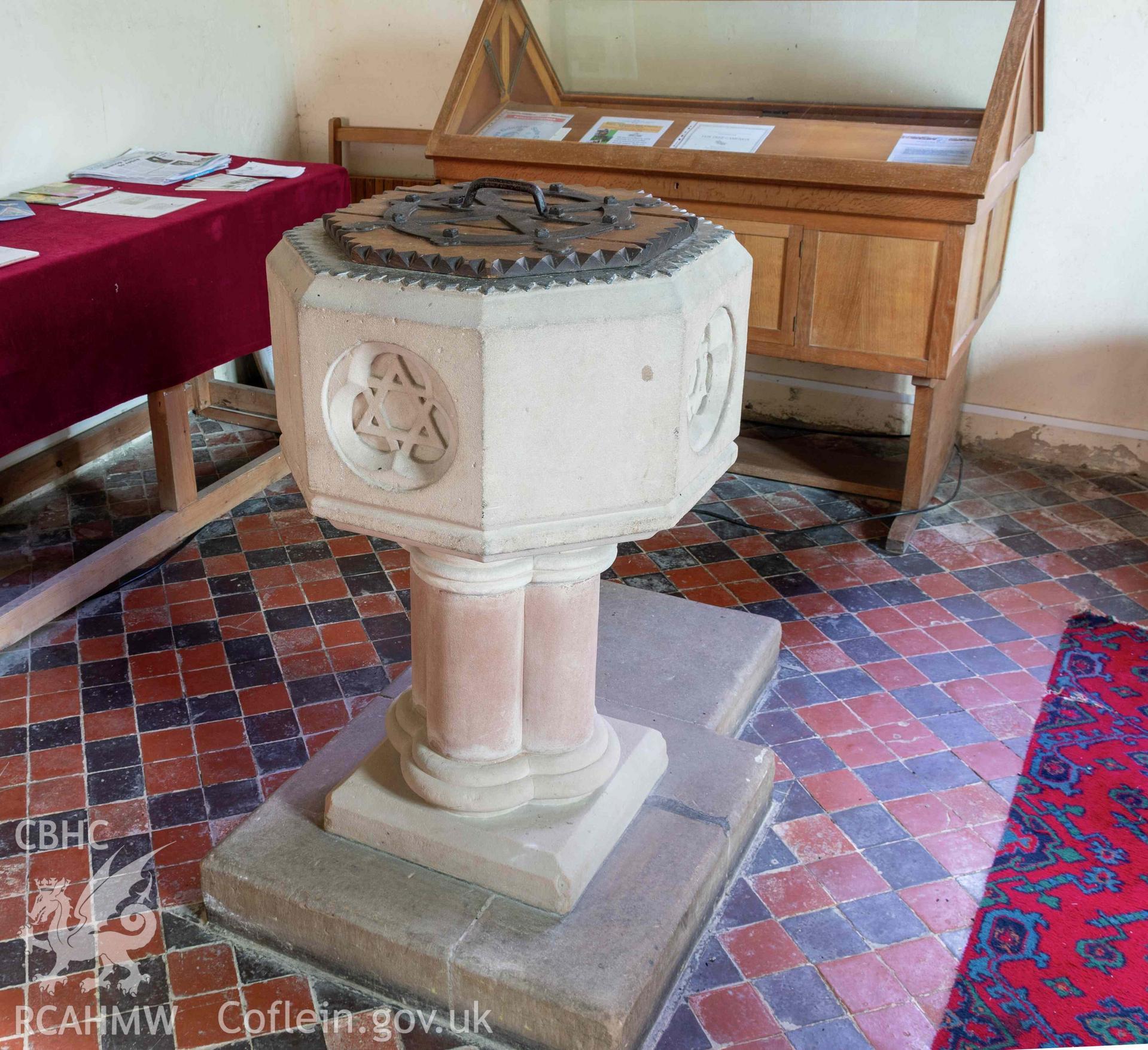 St Michael's Church, Llanfihangel y Creuddyn. Interior view. 19th century font.