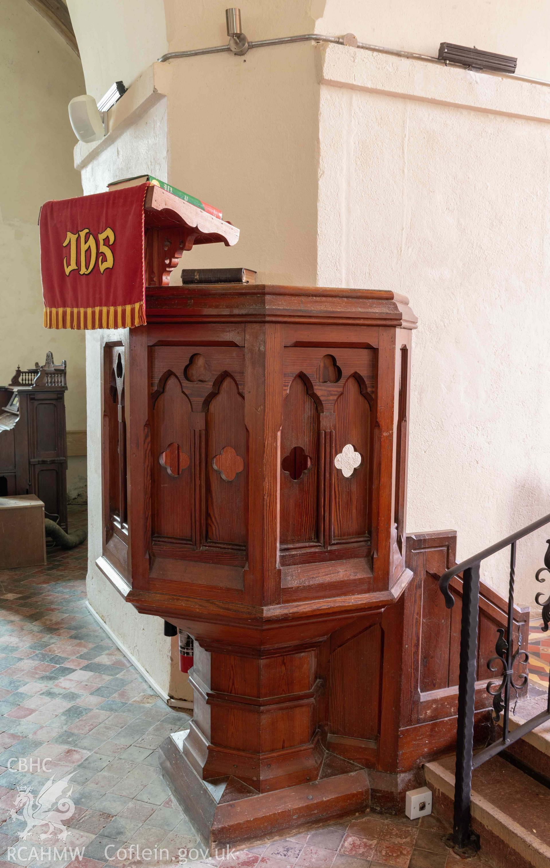 St Michael's Church, Llanfihangel y Creuddyn. Interior view. Pulpit.