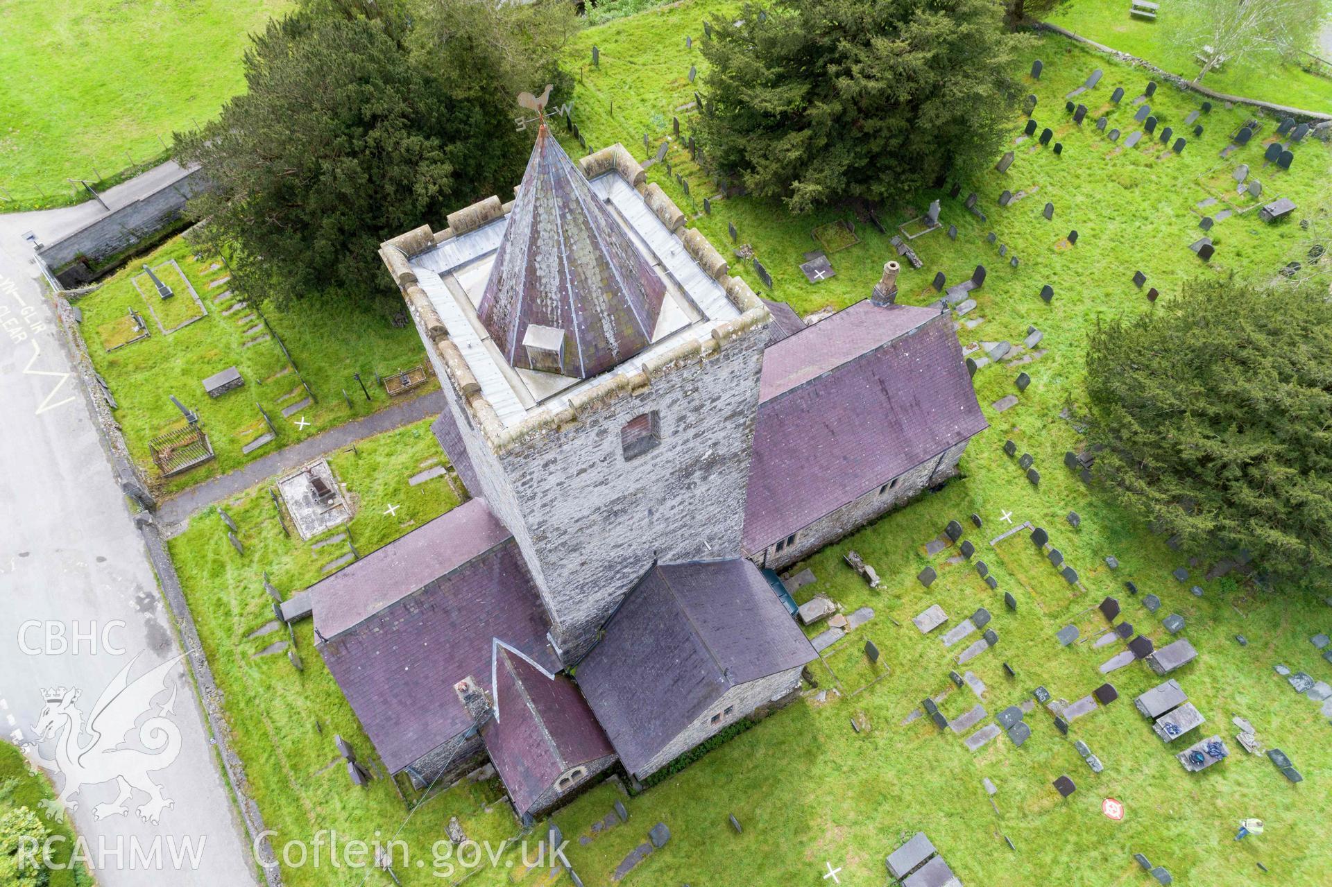 St Michael's Church, Llanfihangel y Creuddyn. Overhead view from the northwest.