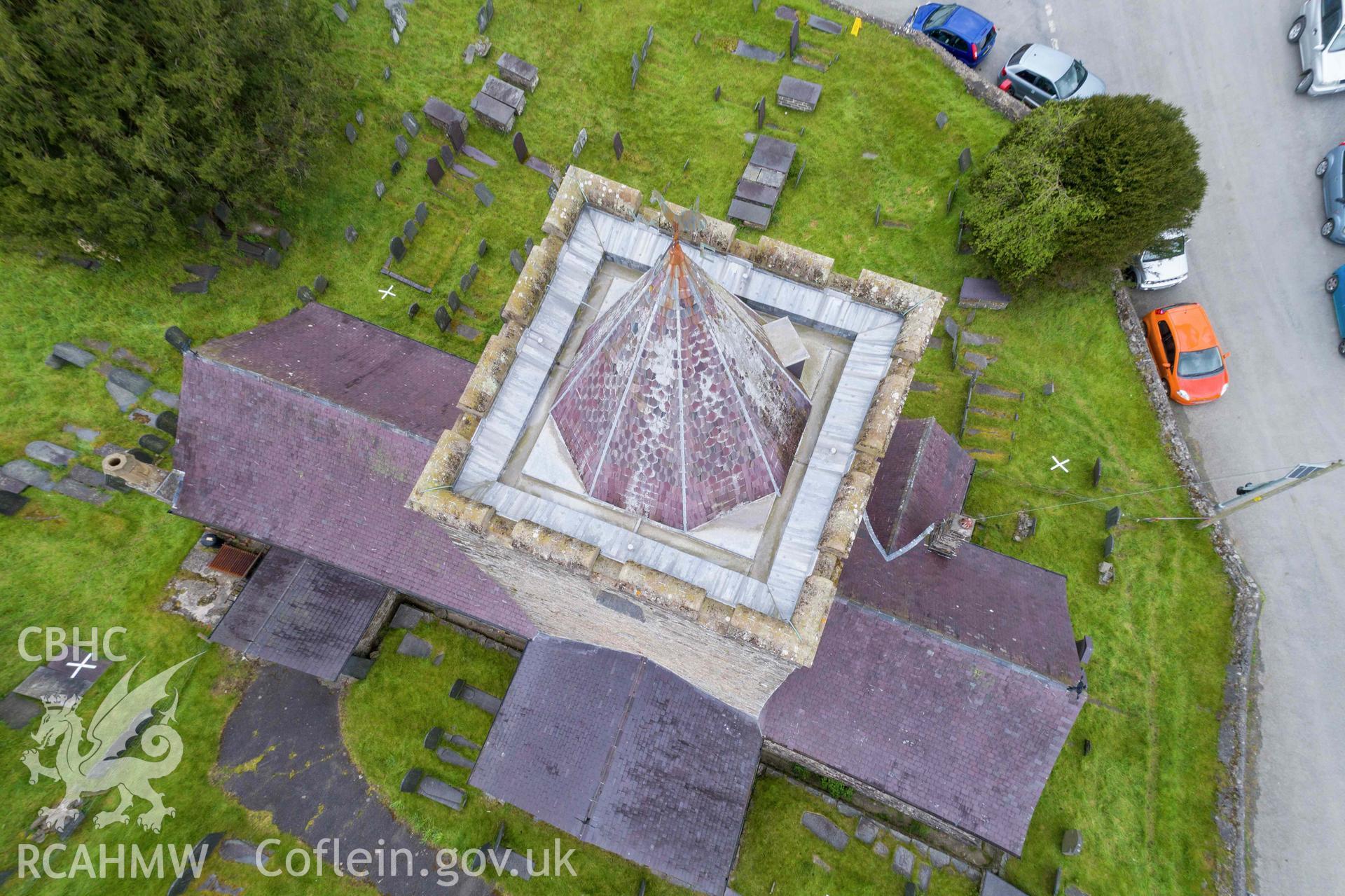 St Michael's Church, Llanfihangel y Creuddyn. Overhead view from the northwest.