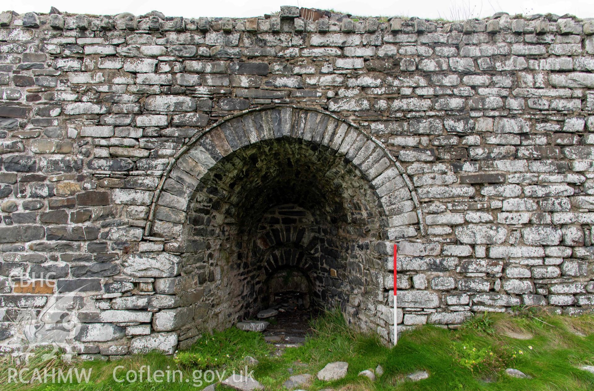 Wallog Limekiln. Kiln-eye, south face (with scale).