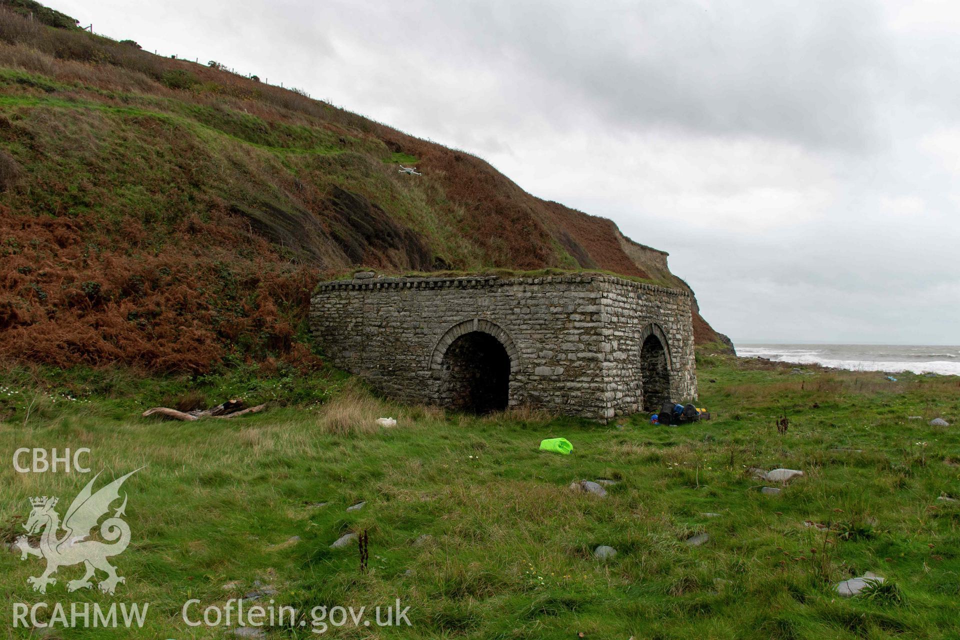 Wallog limekiln, quay and house. General view from the southwest.