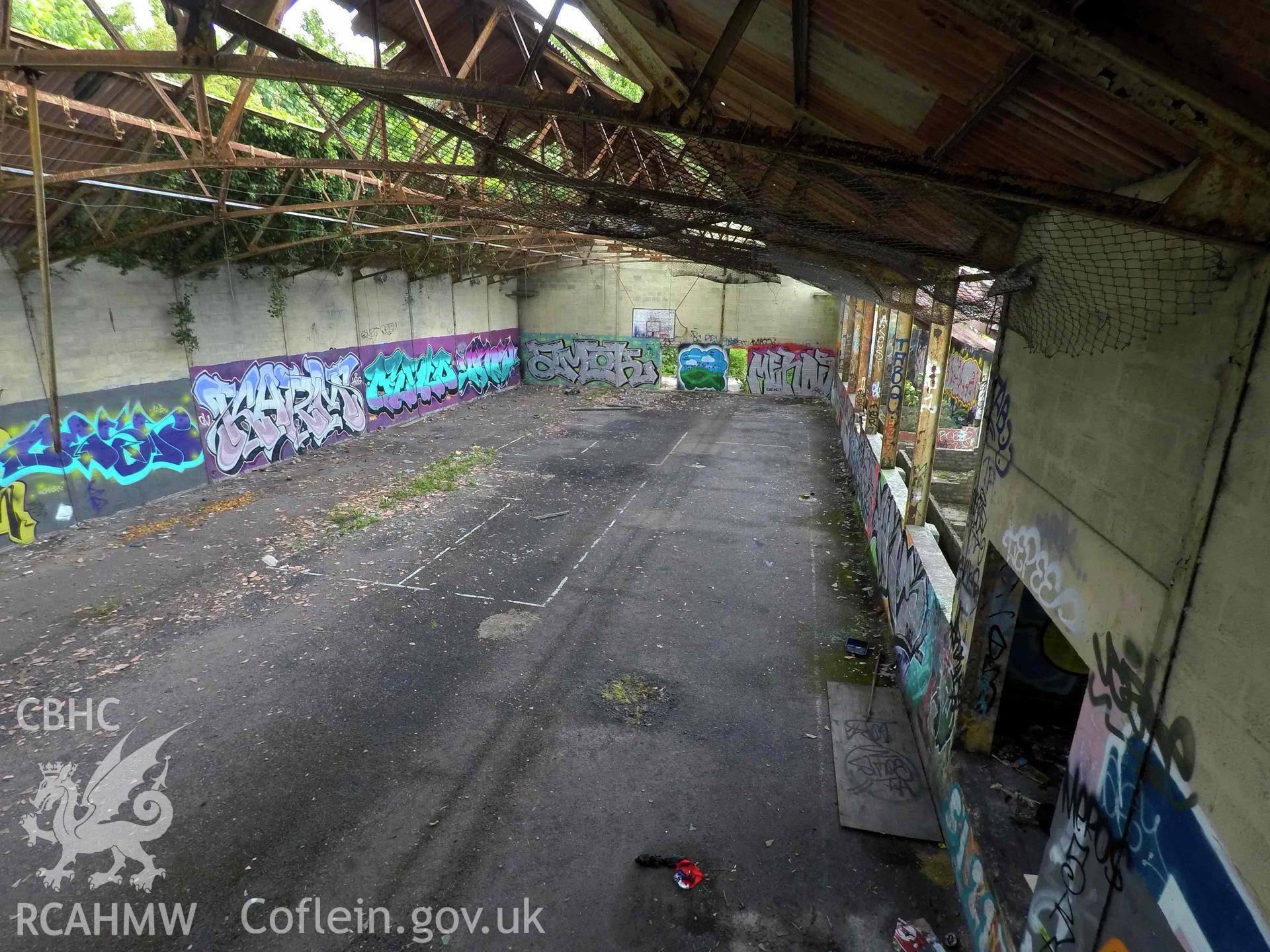 Elevated image of gymnasium interior from north end, 2. St Athan Boys Village.