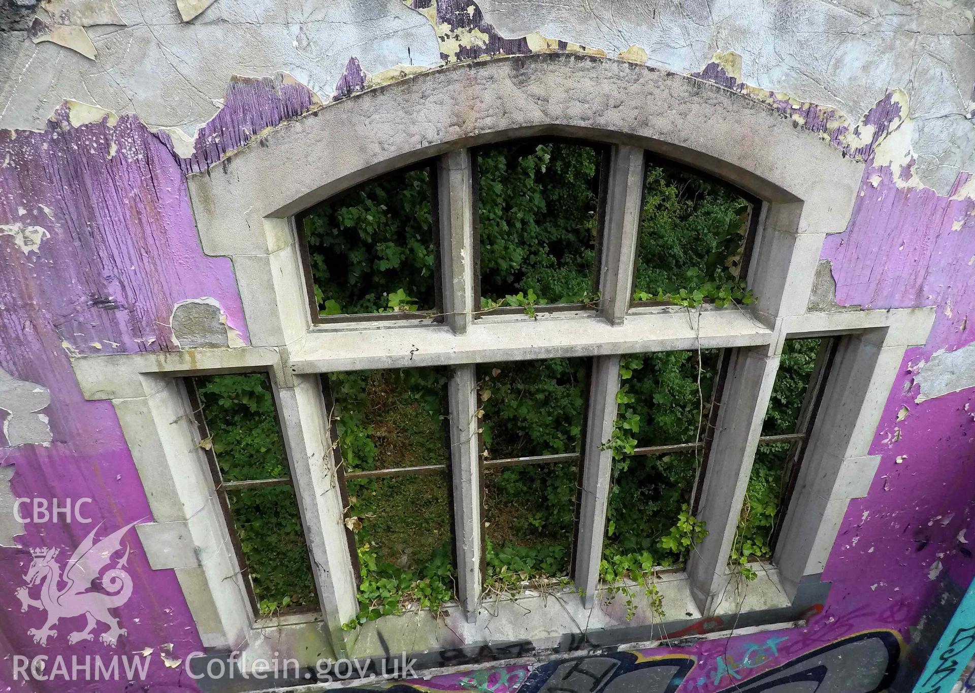 Elevated oblique interior of church east window. St Athan Boys Village.