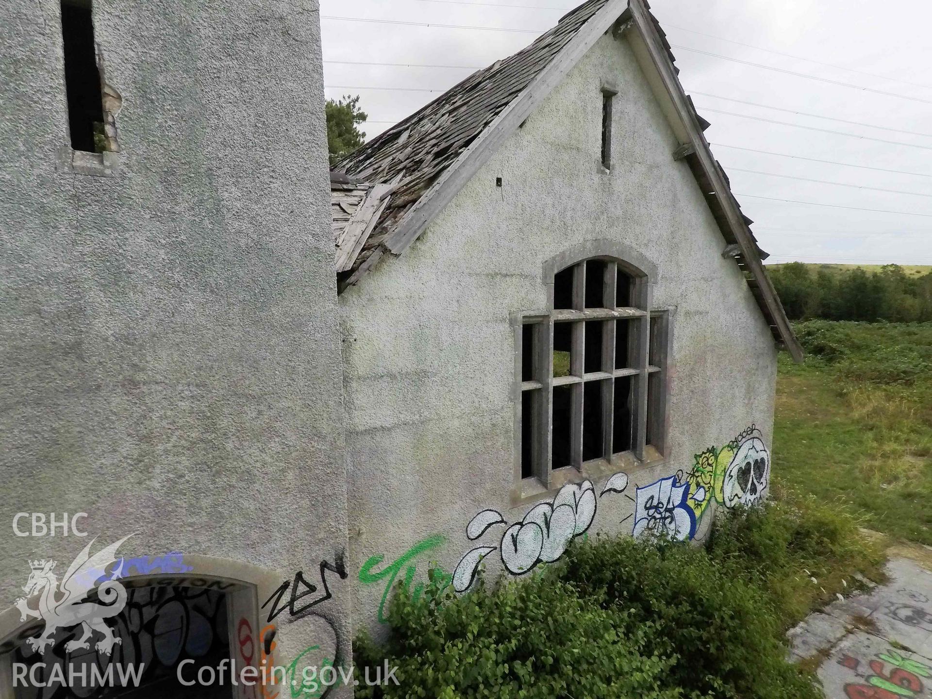 Elevated exterior of church. West front window. St Athan Boys Village.