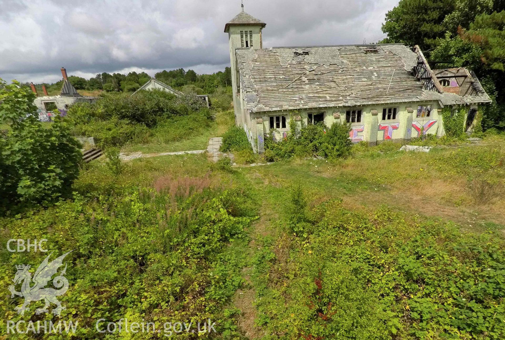 Elevated oblique image of church south side. St Athan Boys Village.