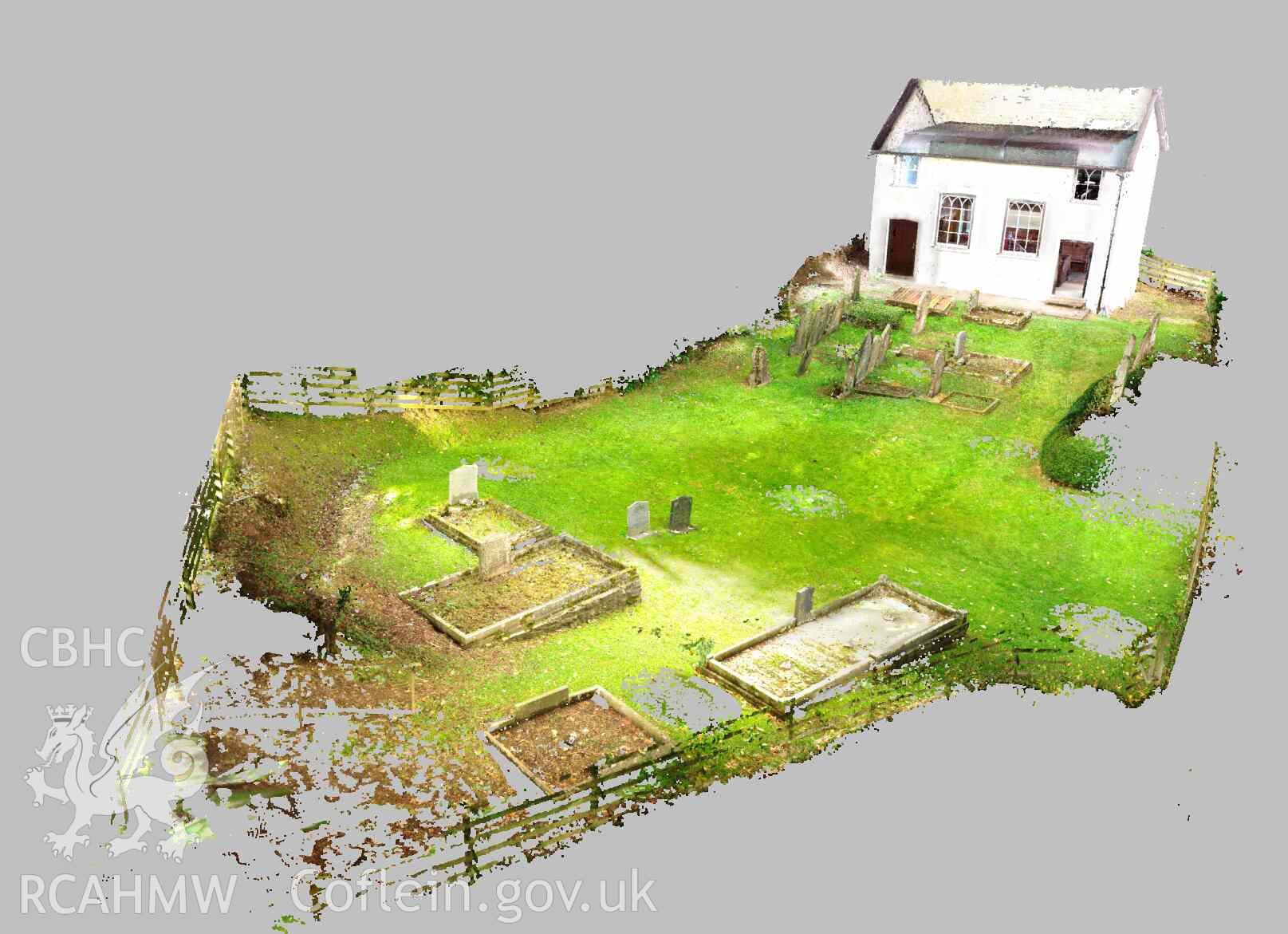 View of Carmel Chapel and graveyard looking northwest (taken from laser scan survey point cloud). Part of the Terrestrial Laser Scanning Survey archive for Carmel Chapel, Nantmel, carried out by Dr Jayne Kamintzis, September 2022.