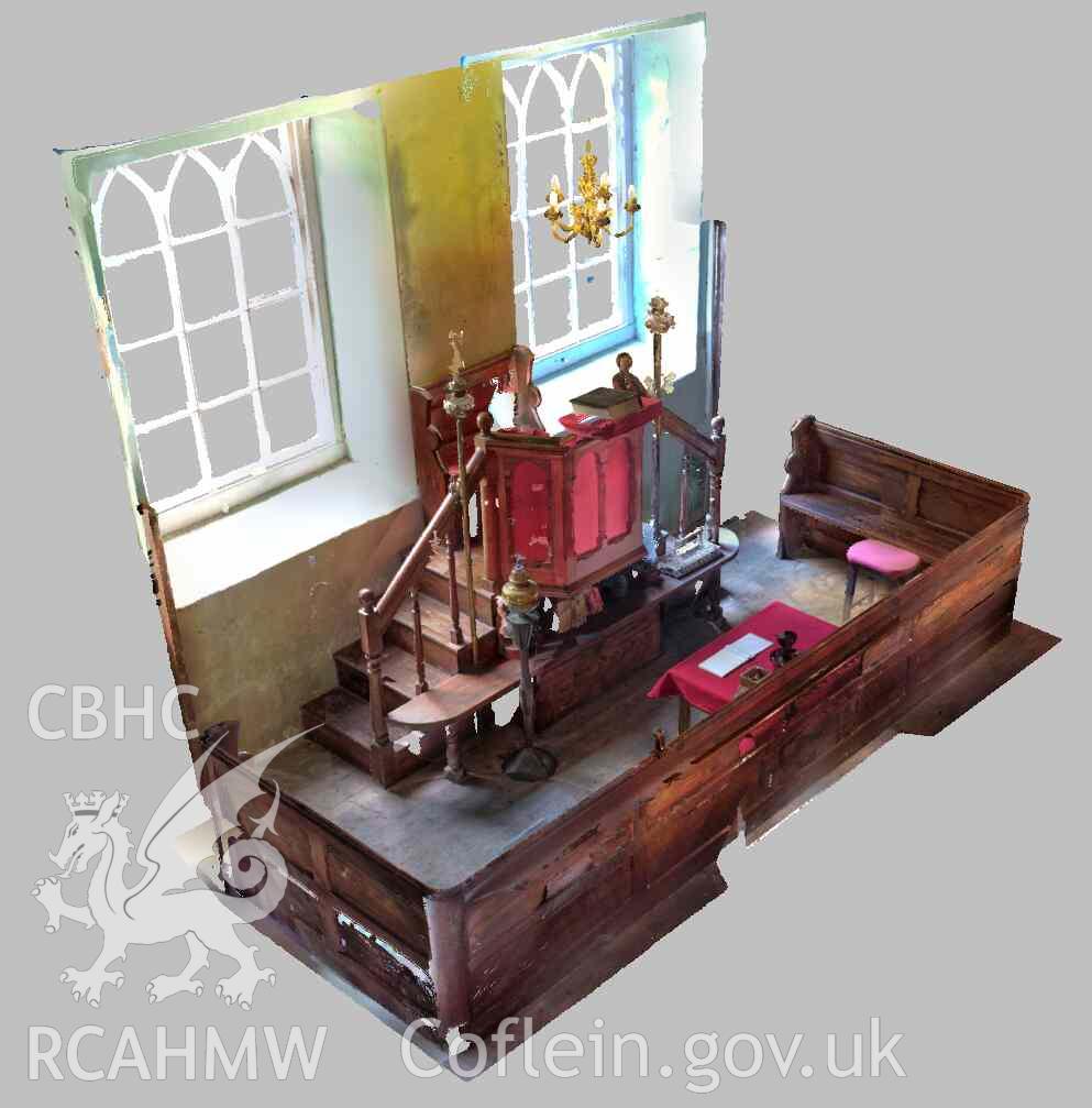 View of the pulpit (taken from laser scan survey point cloud). Part of the Terrestrial Laser Scanning Survey archive for Carmel Chapel, Nantmel, carried out by Dr Jayne Kamintzis, September 2022.