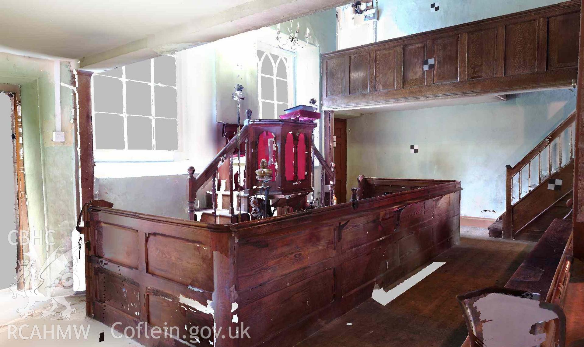 View of the pulpit (2) (taken from laser scan survey point cloud). Part of the Terrestrial Laser Scanning Survey archive for Carmel Chapel, Nantmel, carried out by Dr Jayne Kamintzis, September 2022.
