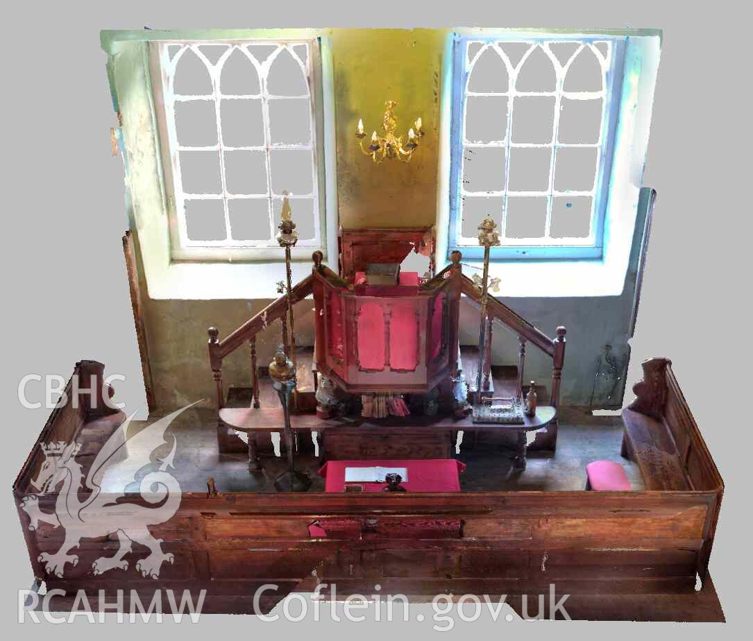 Front view of pulpit (taken from laser scan survey point cloud). Part of the Terrestrial Laser Scanning Survey archive for Carmel Chapel, Nantmel, carried out by Dr Jayne Kamintzis, September 2022.
