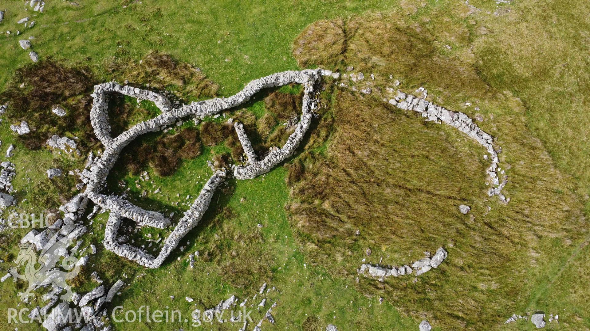 Digital aerial photograph showing multicellular sheepfold near Bethesda. Taken in August 2023 by John Rowlands.