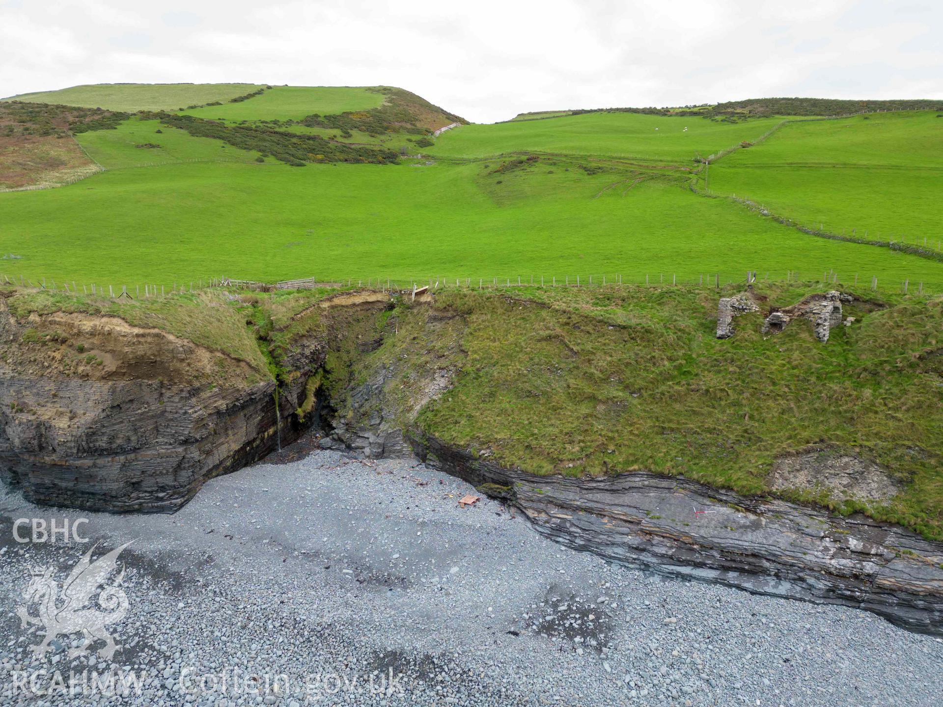 Lime Kiln, Morfa Bychan. General view from the west. Taken as part of UAV photographic survey carried out by Louise Barker, 7 December 2022.